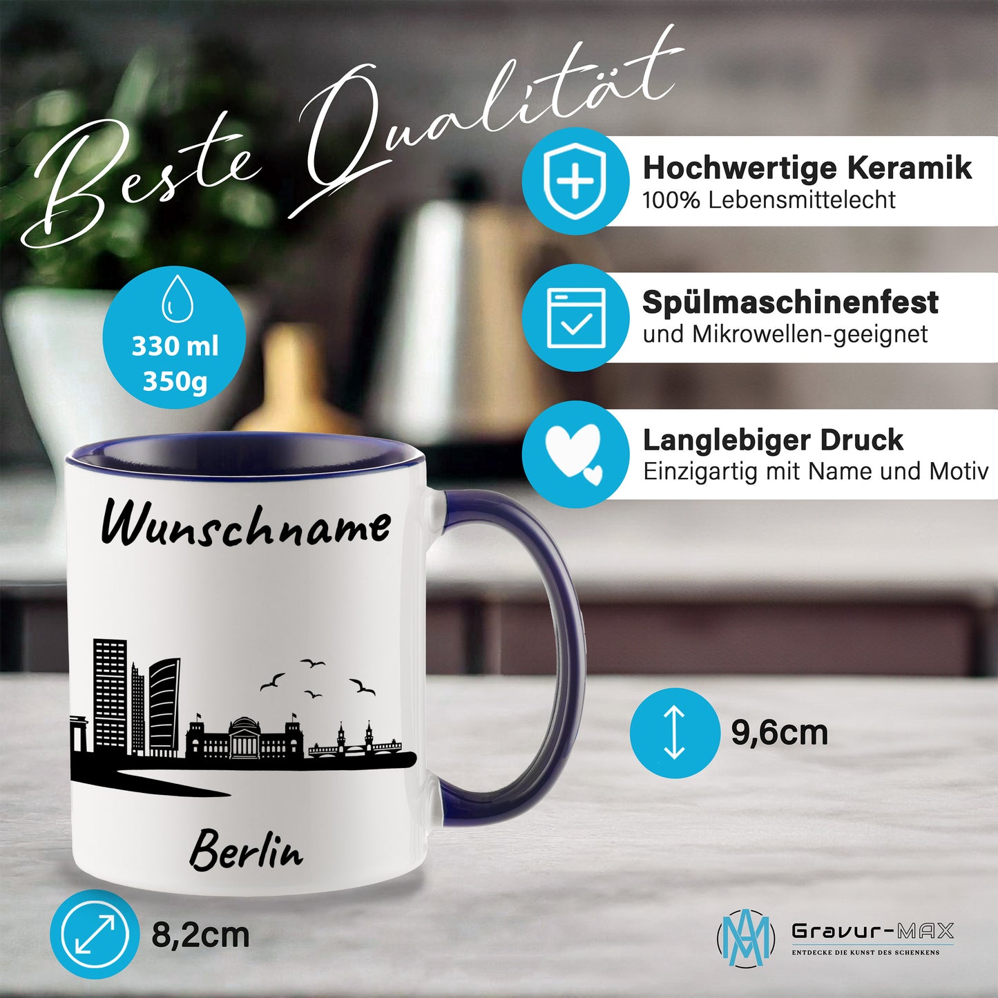 Tasse in Dunkelblau 330ml bedruckt mit der Skyline von Berlin personalisierbar mit Wunschname