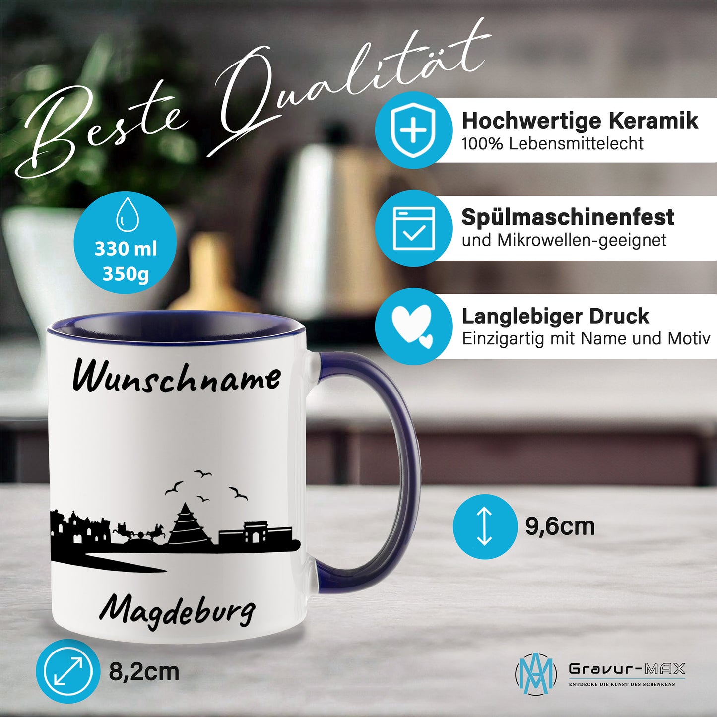 Tasse in Dunkelblau 330ml bedruckt mit der Skyline von Magdeburg personalisierbar mit Wunschname