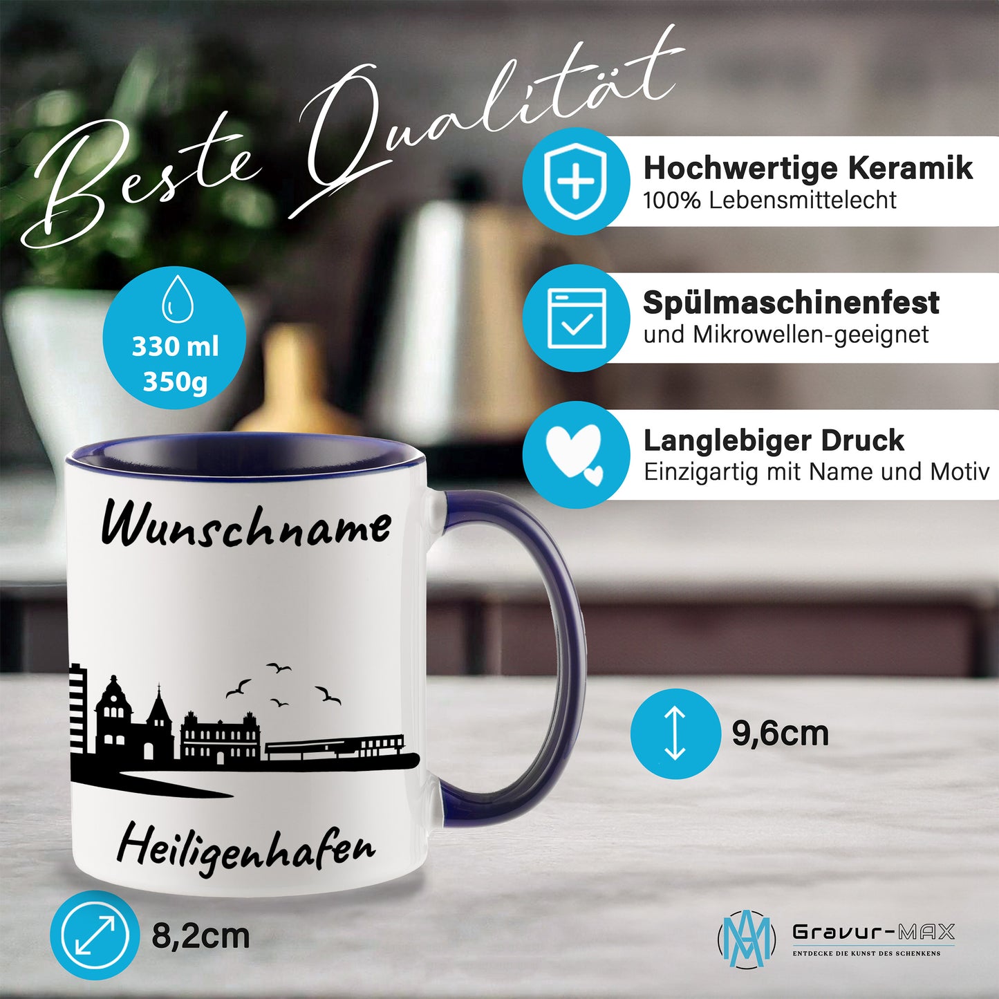 Tasse in Dunkelblau 330ml bedruckt mit der Skyline von Heiligenhafen personalisierbar mit Wunschname