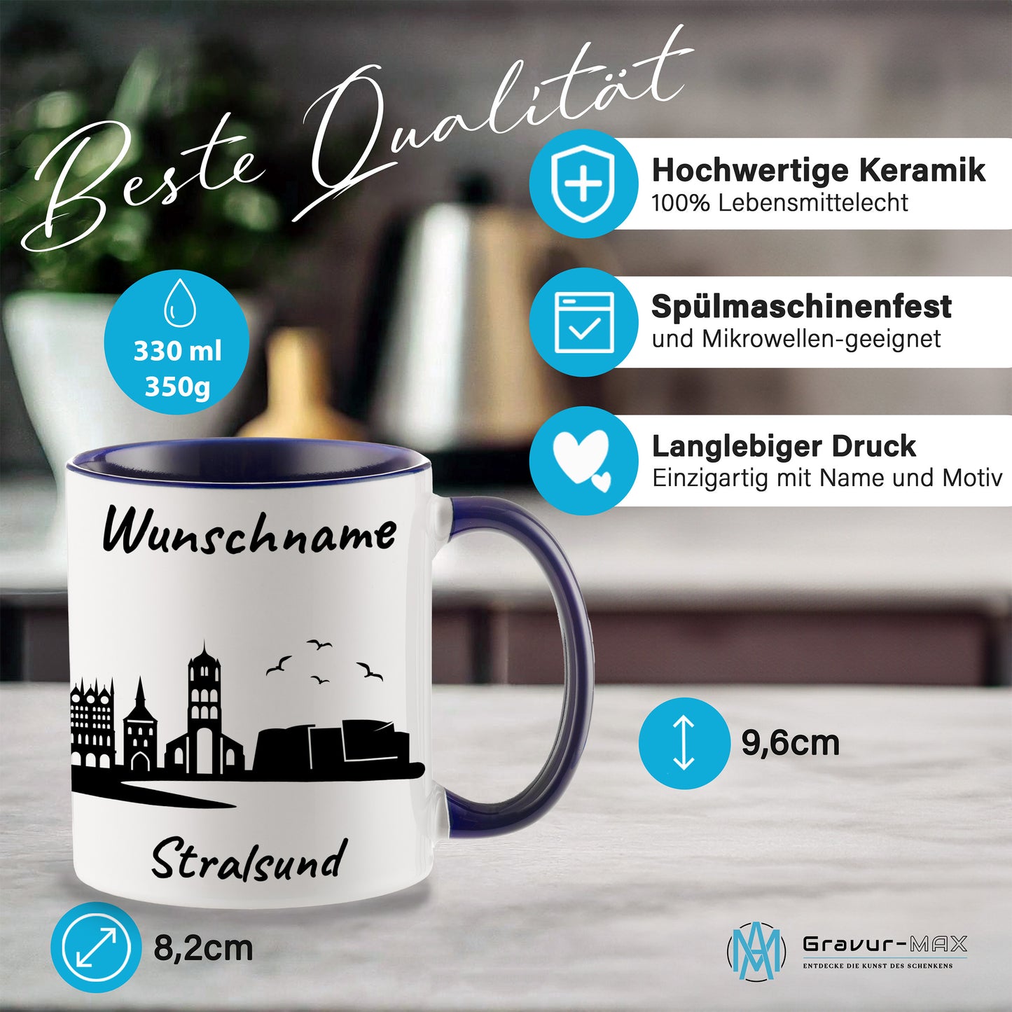 Tasse in Dunkelblau 330ml bedruckt mit der Skyline von Stralsund personalisierbar mit Wunschname