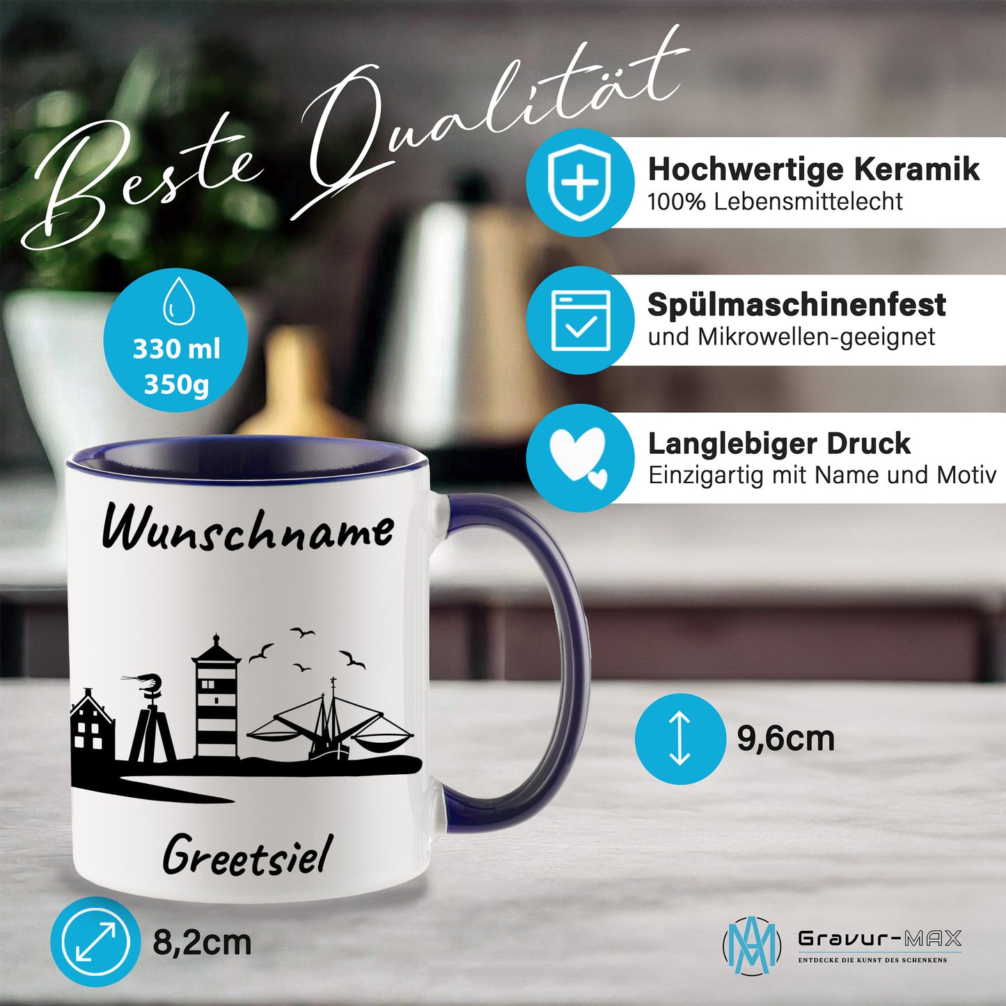 Tasse in Dunkelblau 330ml bedruckt mit der Skyline von Greetsiel personalisierbar mit Wunschname