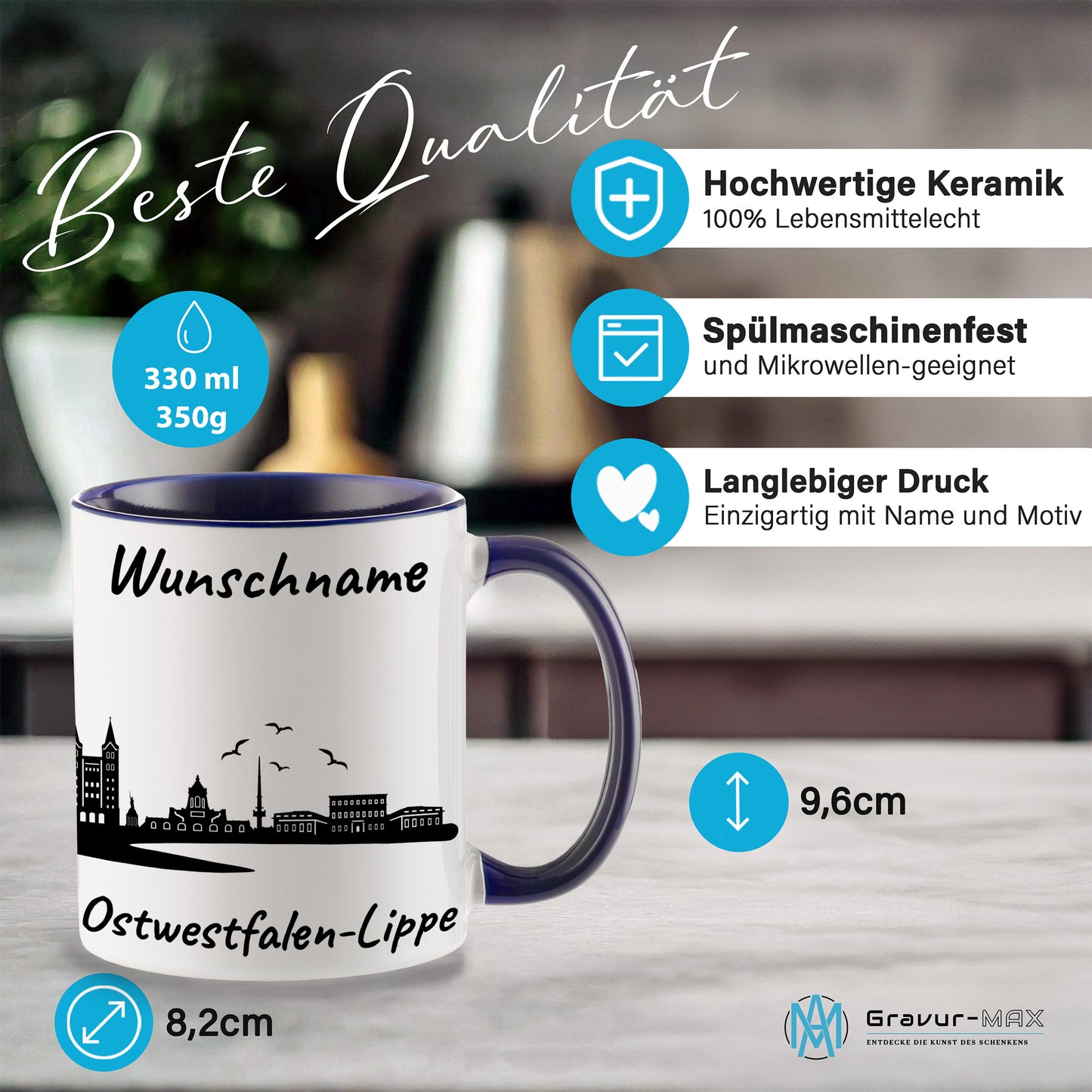 Tasse in Dunkelblau 330ml bedruckt mit der Skyline von Ostwestfalen-Lippe personalisierbar mit Wunschname