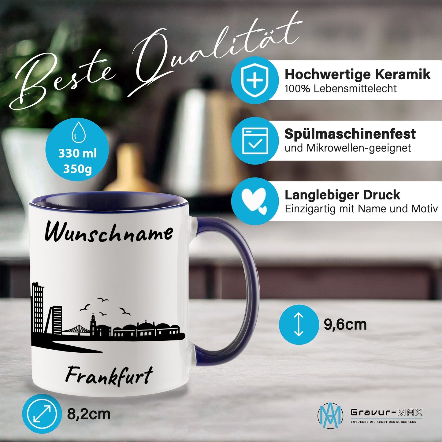 Tasse in Dunkelblau 330ml bedruckt mit der Skyline von Frankfurt personalisierbar mit Wunschname