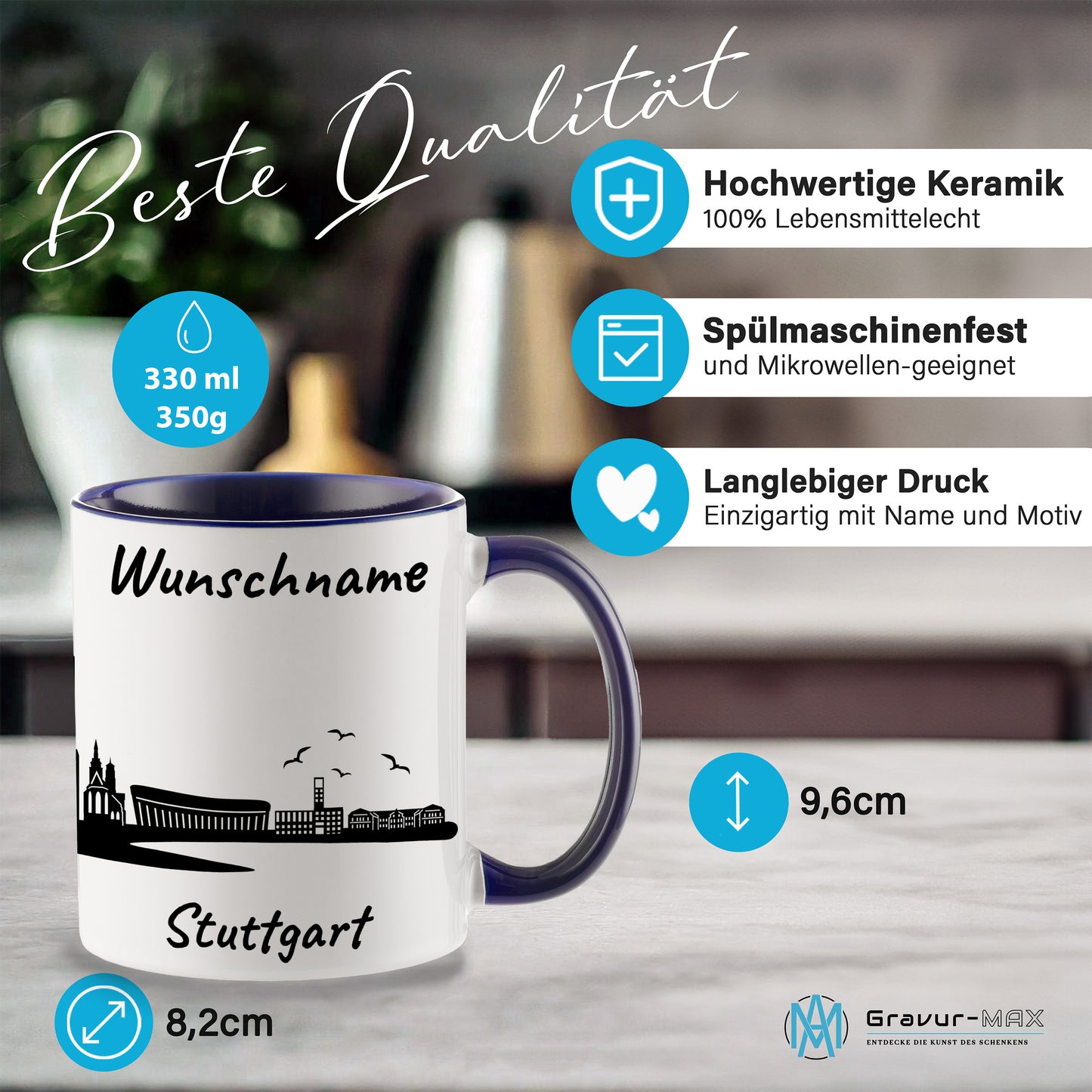 Tasse in Dunkelblau 330ml bedruckt mit der Skyline von Stuttgart personalisierbar mit Wunschname