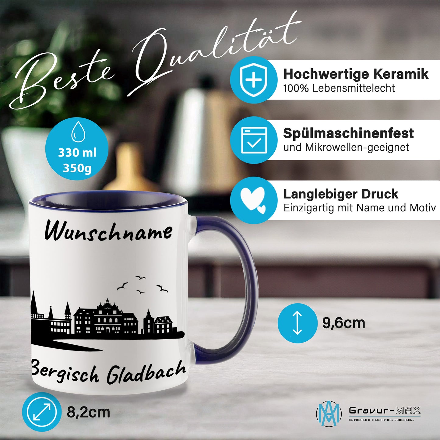 Tasse in Dunkelblau 330ml bedruckt mit der Skyline von Bergisch Gladbach personalisierbar mit Wunschname