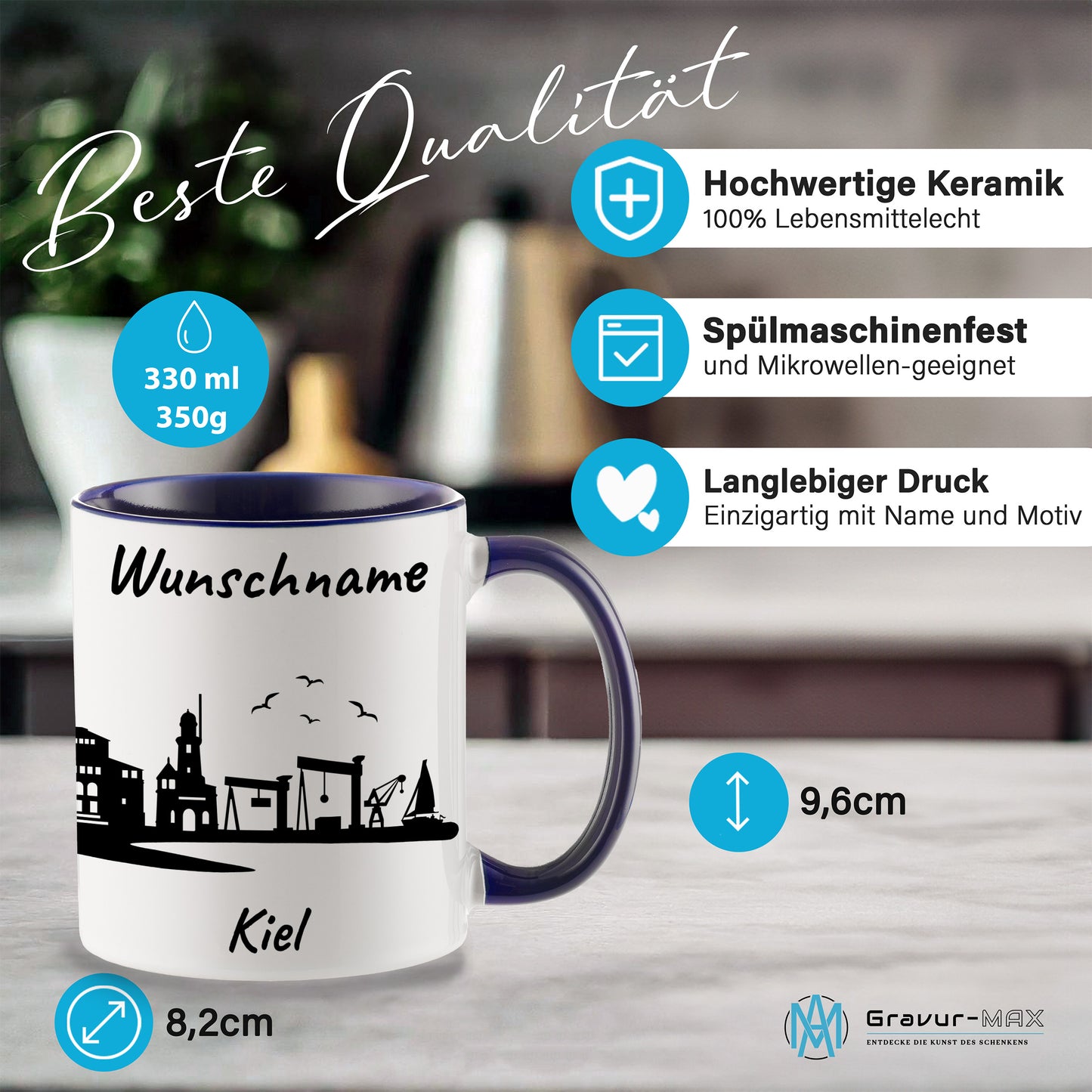 Tasse in Dunkelblau 330ml bedruckt mit der Skyline von Kiel personalisierbar mit Wunschname