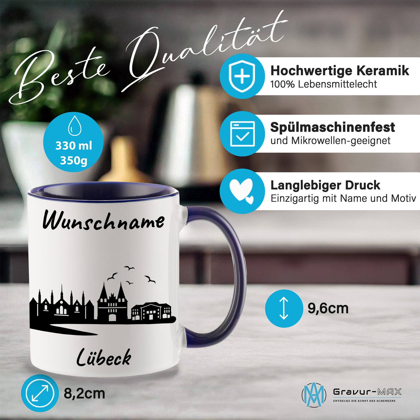 Tasse in Dunkelblau 330ml bedruckt mit der Skyline von Lübeck personalisierbar mit Wunschname