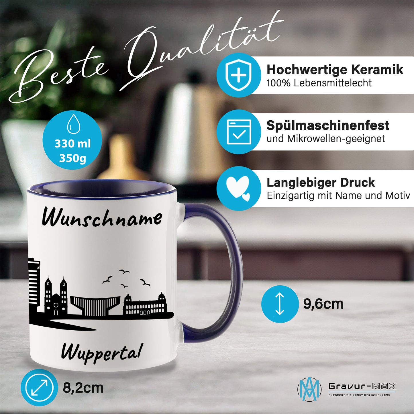 Tasse in Dunkelblau 330ml bedruckt mit der Skyline von Wuppertal personalisierbar mit Wunschname