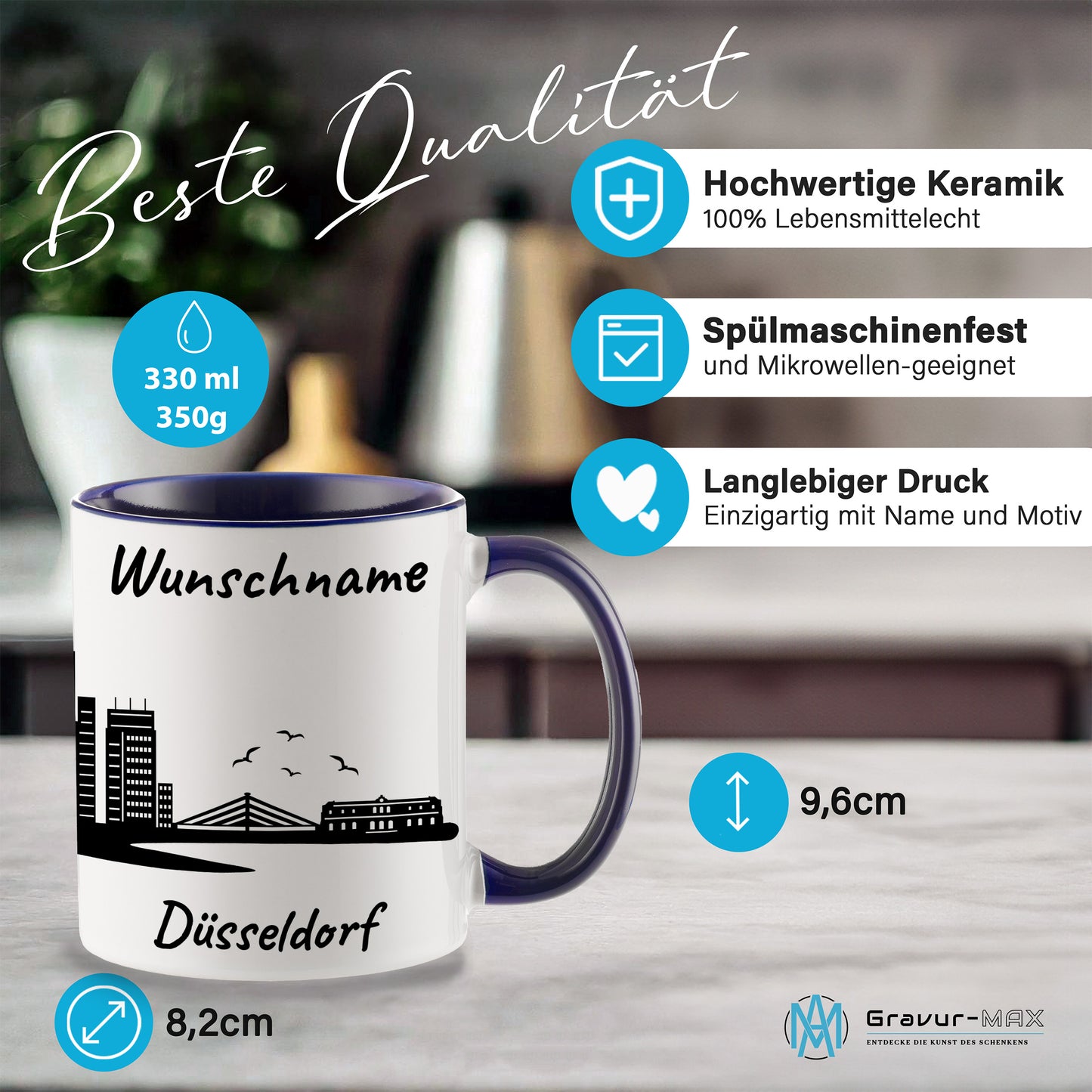 Tasse in Dunkelblau 330ml bedruckt mit der Skyline von Düsseldorf personalisierbar mit Wunschname