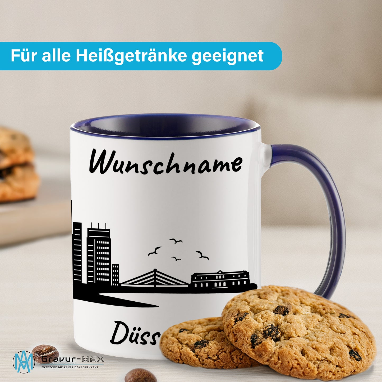 Tasse in Dunkelblau 330ml bedruckt mit der Skyline von Düsseldorf personalisierbar mit Wunschname