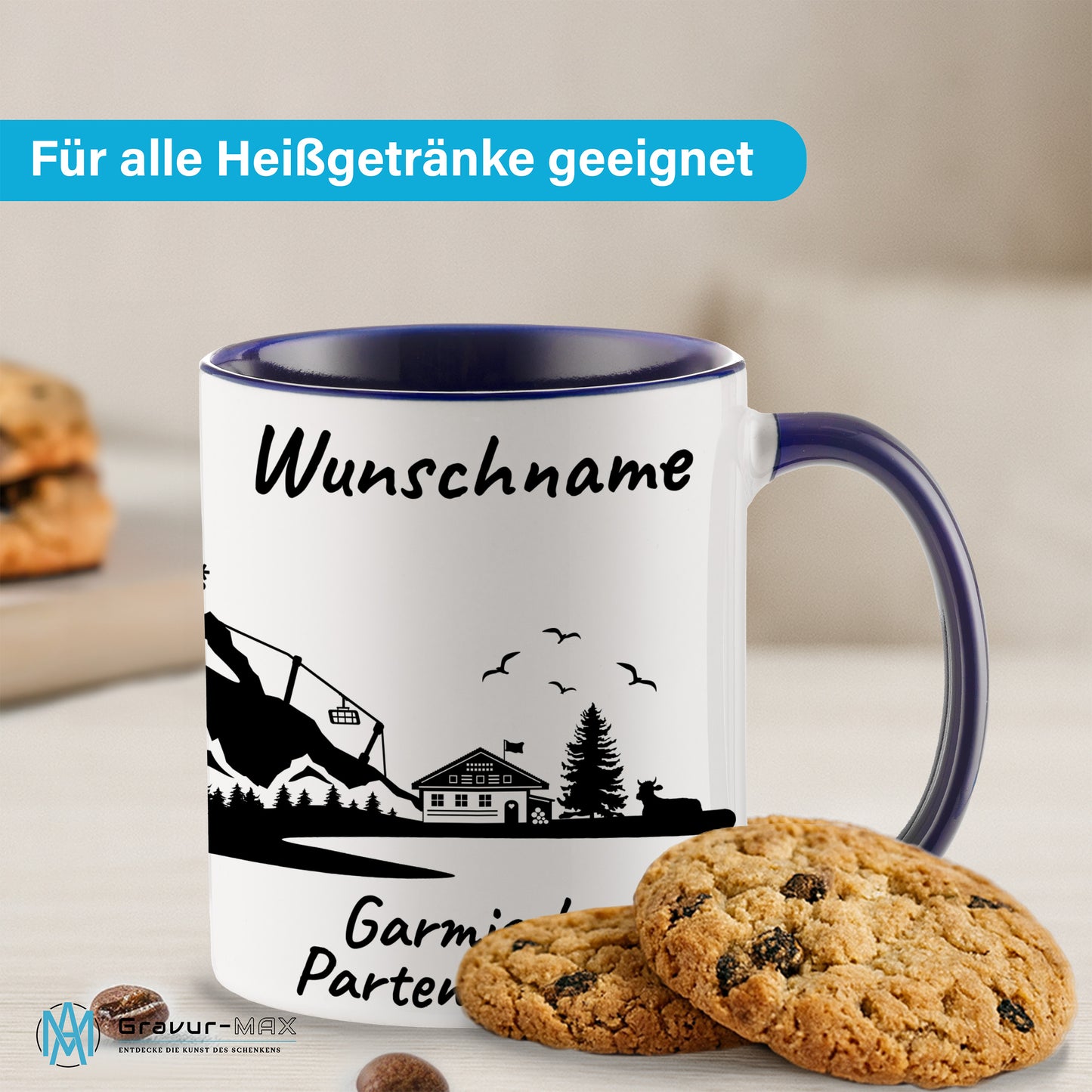 Tasse in Dunkelblau 330ml bedruckt mit der Skyline von Garmisch-Partenkirchen personalisierbar mit Wunschname