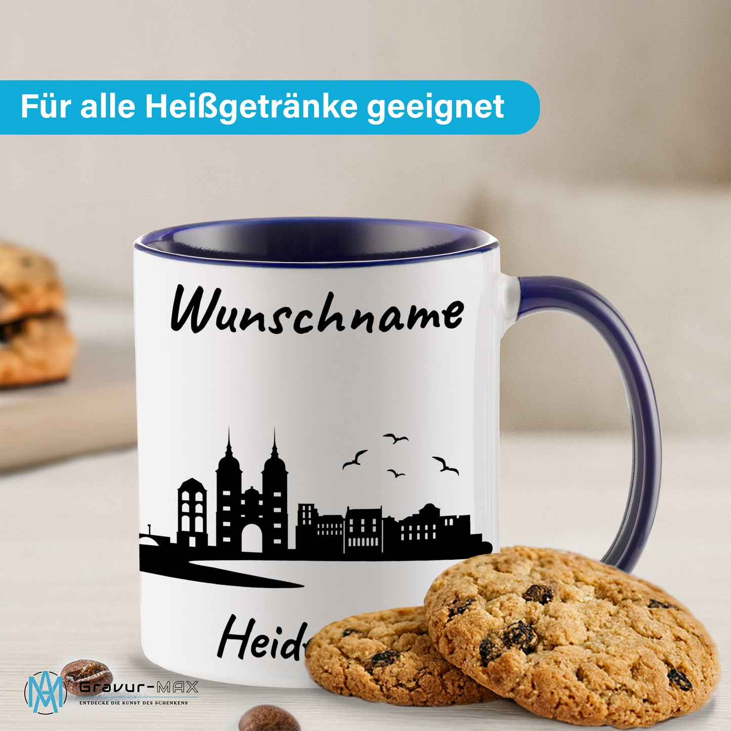 Tasse in Dunkelblau 330ml bedruckt mit der Skyline von Heidelberg personalisierbar mit Wunschname