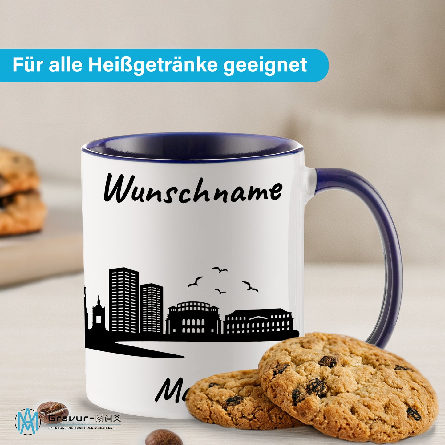 Tasse in Dunkelblau 330ml bedruckt mit der Skyline von Mainz personalisierbar mit Wunschname