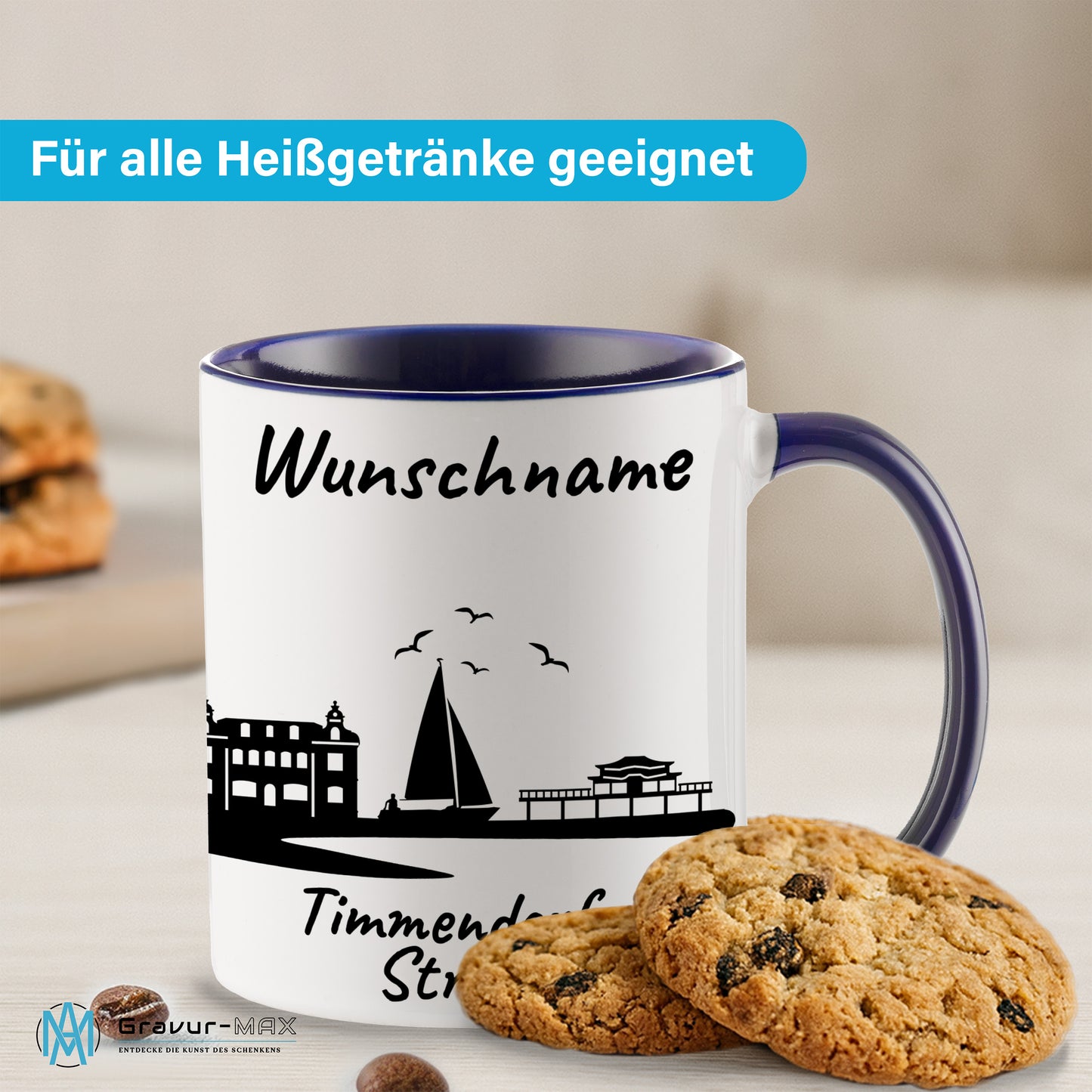 Tasse in Dunkelblau 330ml bedruckt mit der Skyline von Timmendorfer Strand personalisierbar mit Wunschname