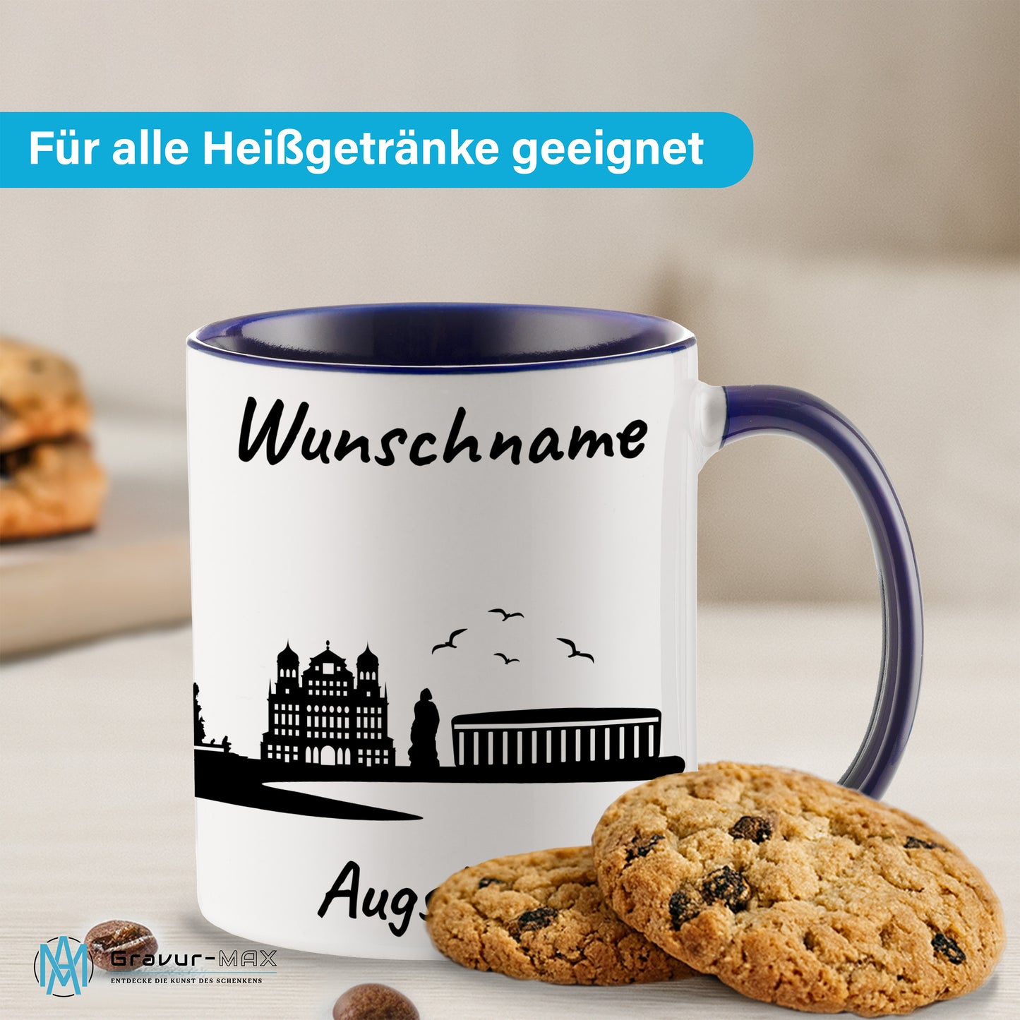 Tasse in Dunkelblau 330ml bedruckt mit der Skyline von Augsburg personalisierbar mit Wunschname