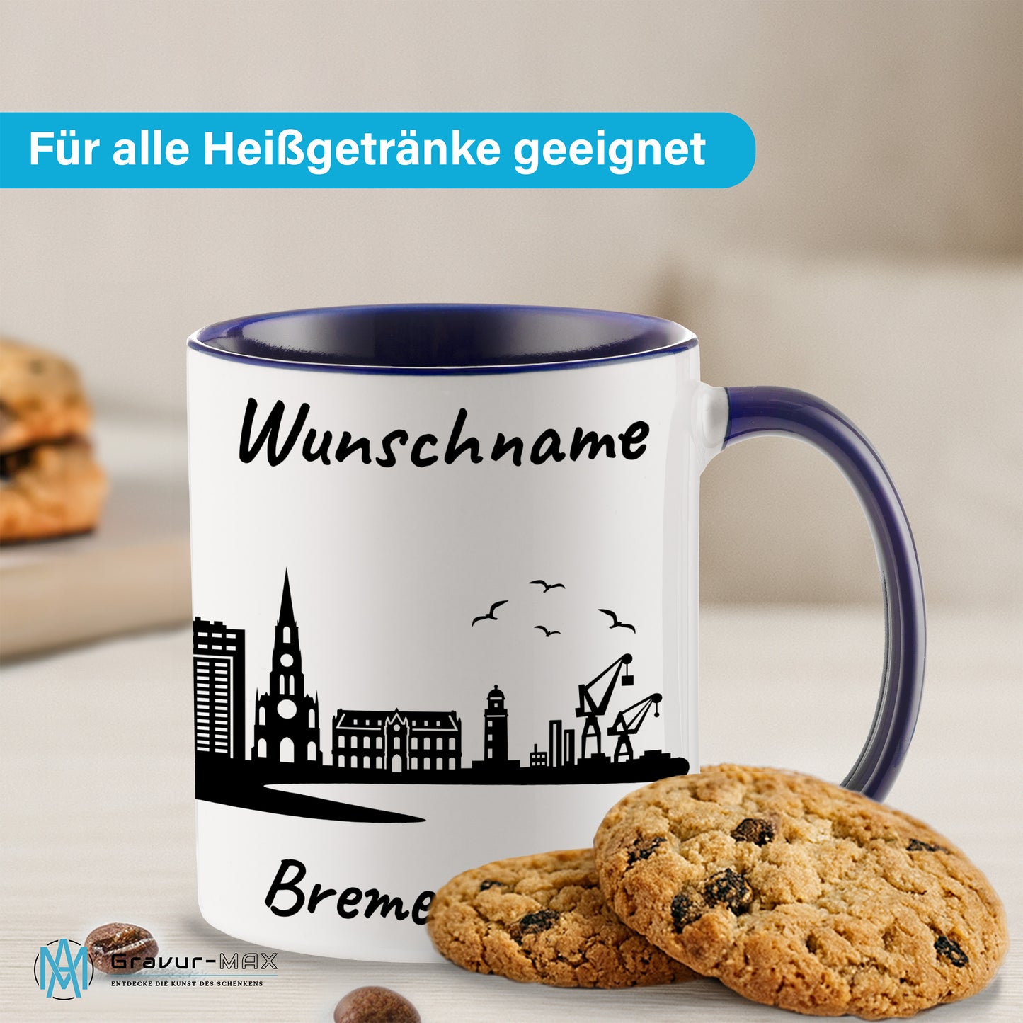 Tasse in Dunkelblau 330ml bedruckt mit der Skyline von Bremerhaven personalisierbar mit Wunschname