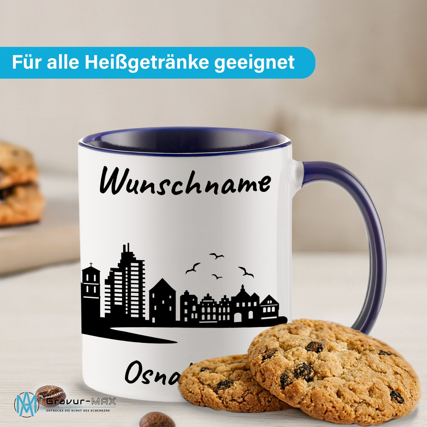 Tasse in Dunkelblau 330ml bedruckt mit der Skyline von Osnabrück personalisierbar mit Wunschname