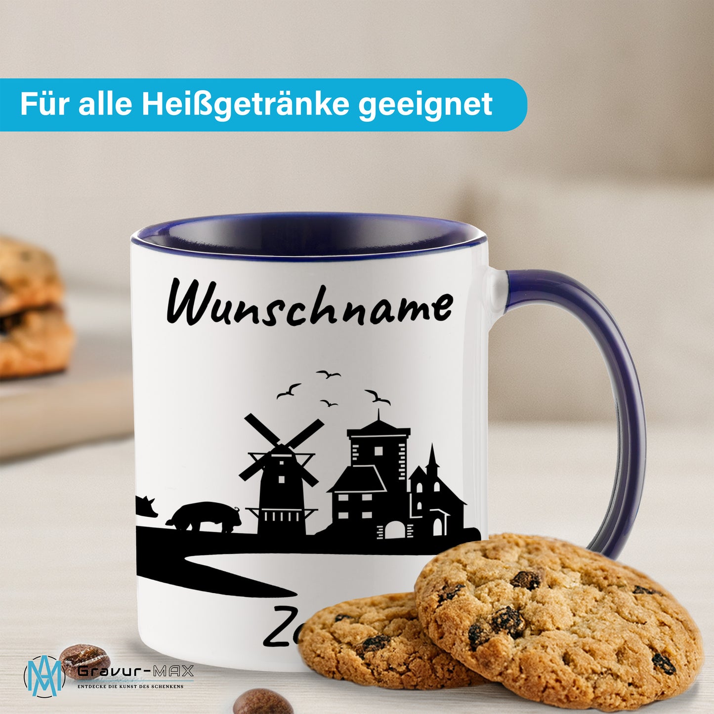 Tasse in Dunkelblau 330ml bedruckt mit der Skyline von Zons (Dormagen) personalisierbar mit Wunschname