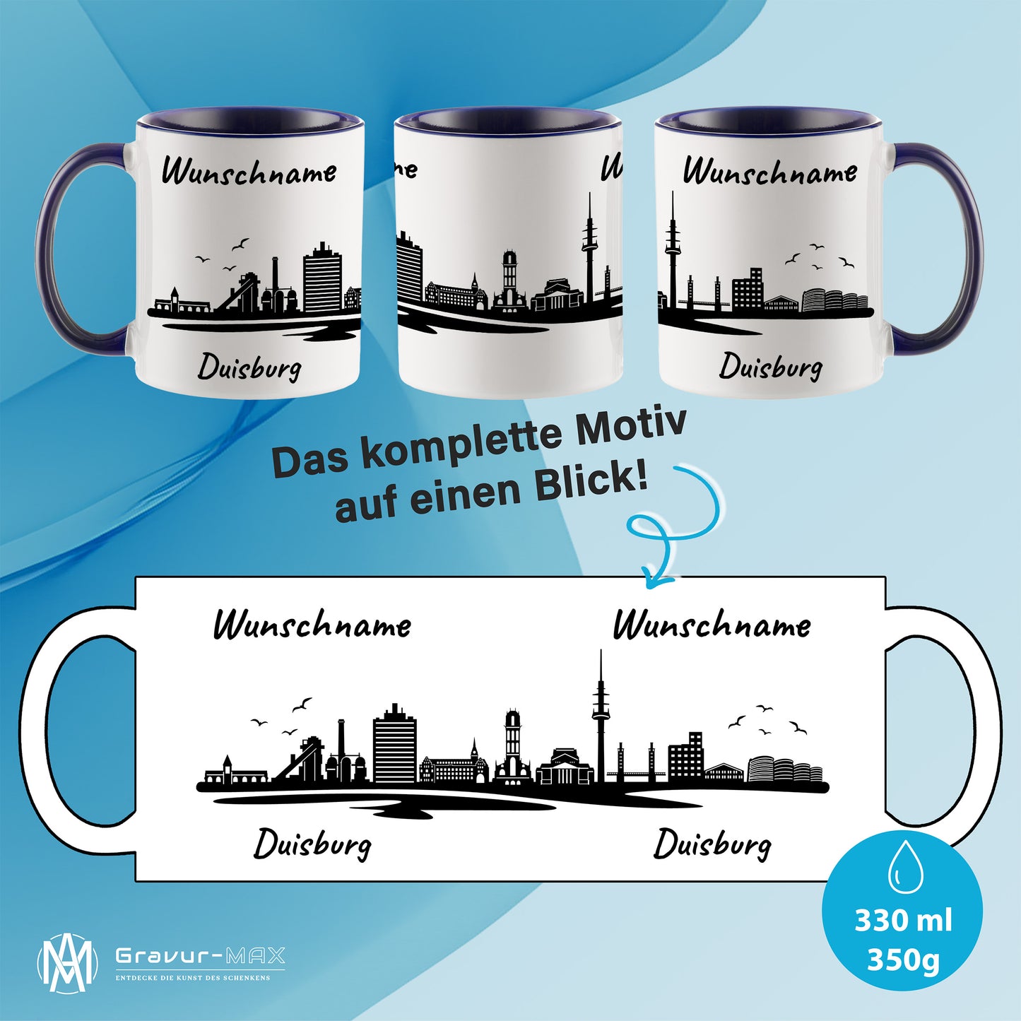 Tasse in Dunkelblau 330ml bedruckt mit der Skyline von Duisburg personalisierbar mit Wunschname