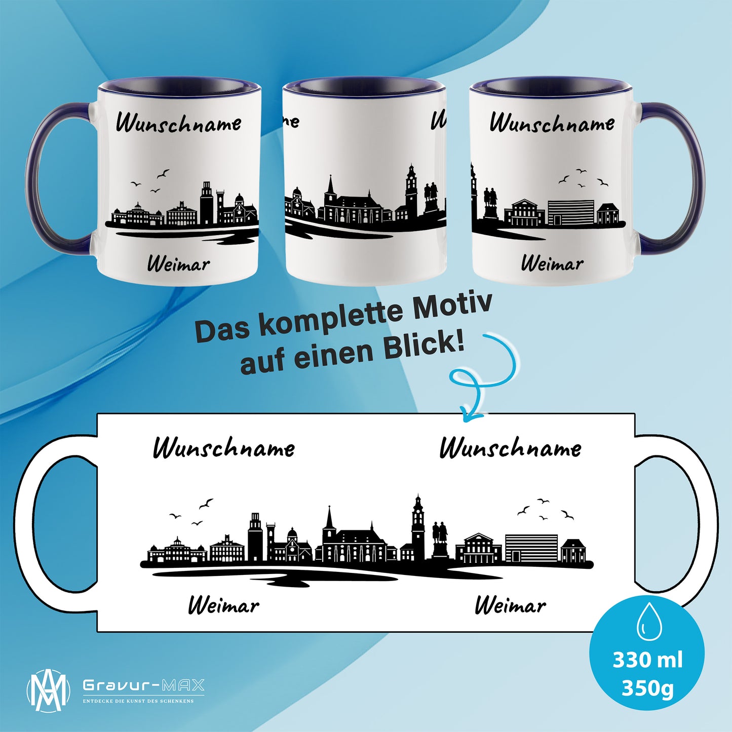 Tasse in Dunkelblau 330ml bedruckt mit der Skyline von Weimar personalisierbar mit Wunschname