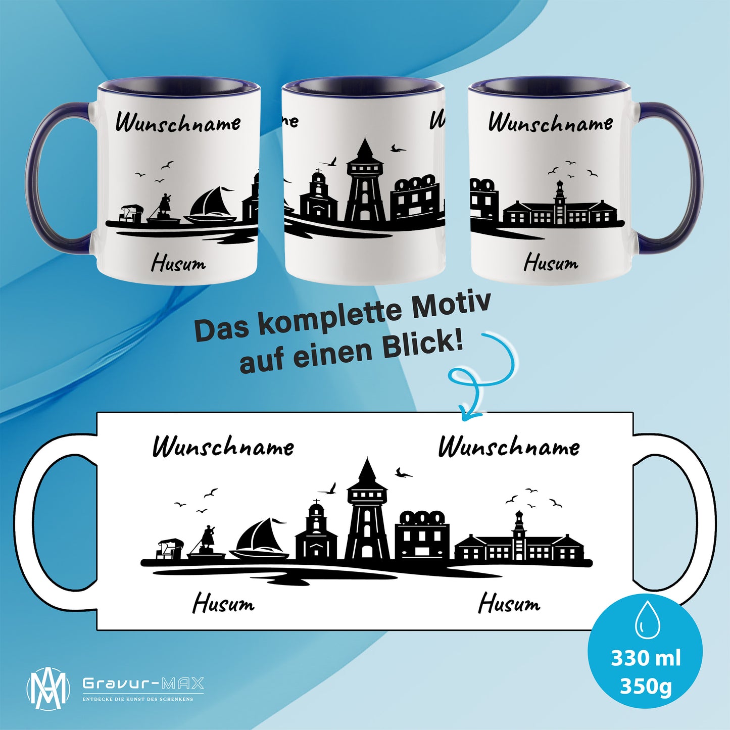 Tasse in Dunkelblau 330ml bedruckt mit der Skyline von Husum personalisierbar mit Wunschname