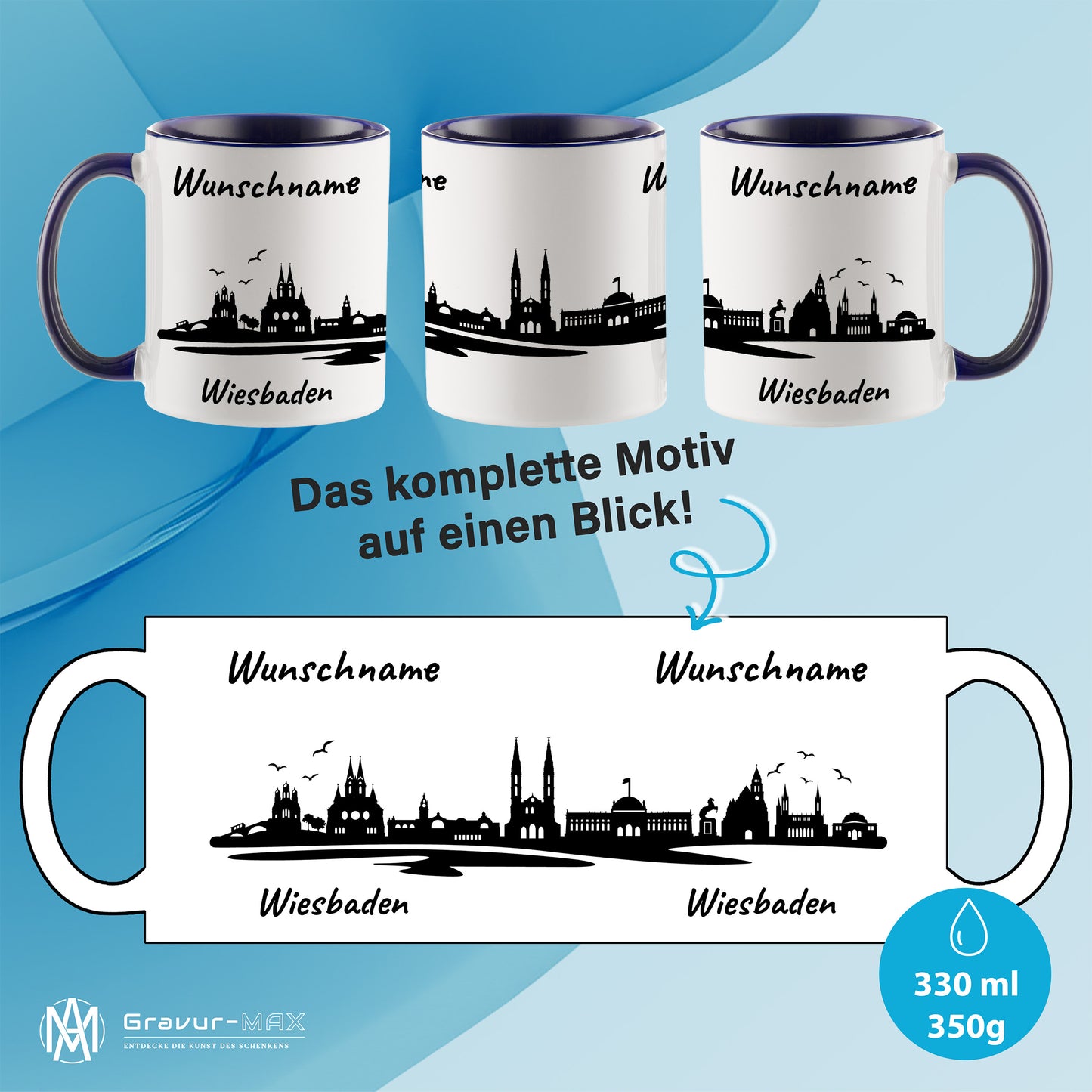 Tasse in Dunkelblau 330ml bedruckt mit der Skyline von Wiesbaden personalisierbar mit Wunschname