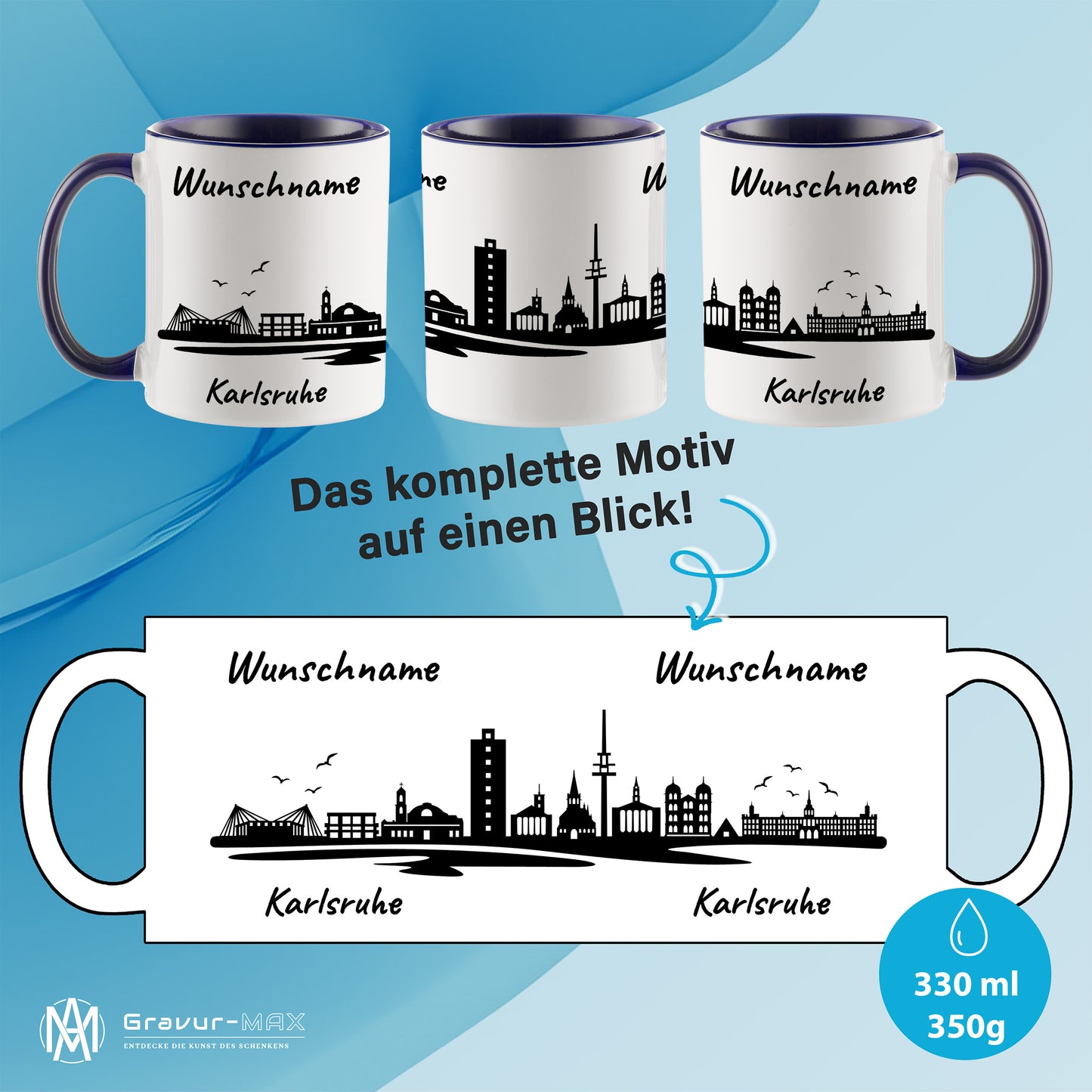 Tasse in Dunkelblau 330ml bedruckt mit der Skyline von Karlsruhe personalisierbar mit Wunschname