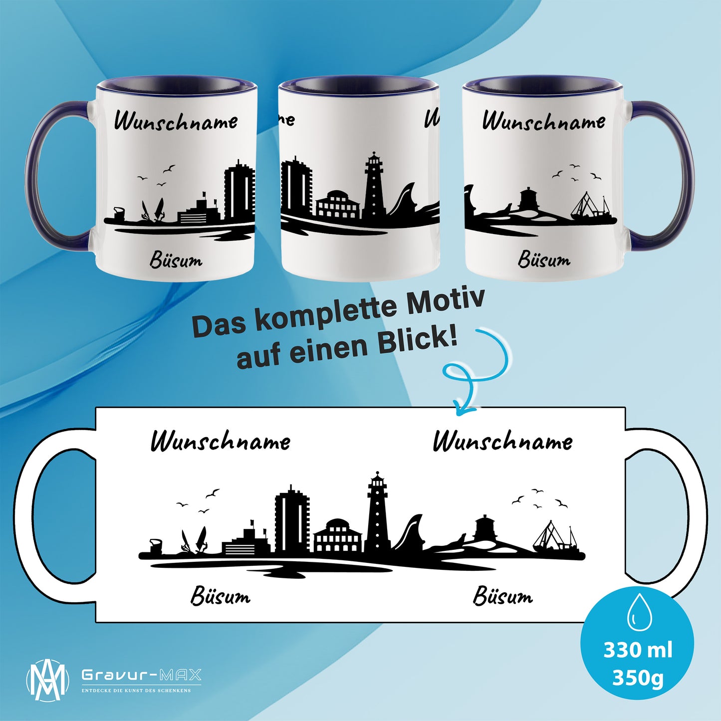 Tasse in Dunkelblau 330ml bedruckt mit der Skyline von Büsum personalisierbar mit Wunschname