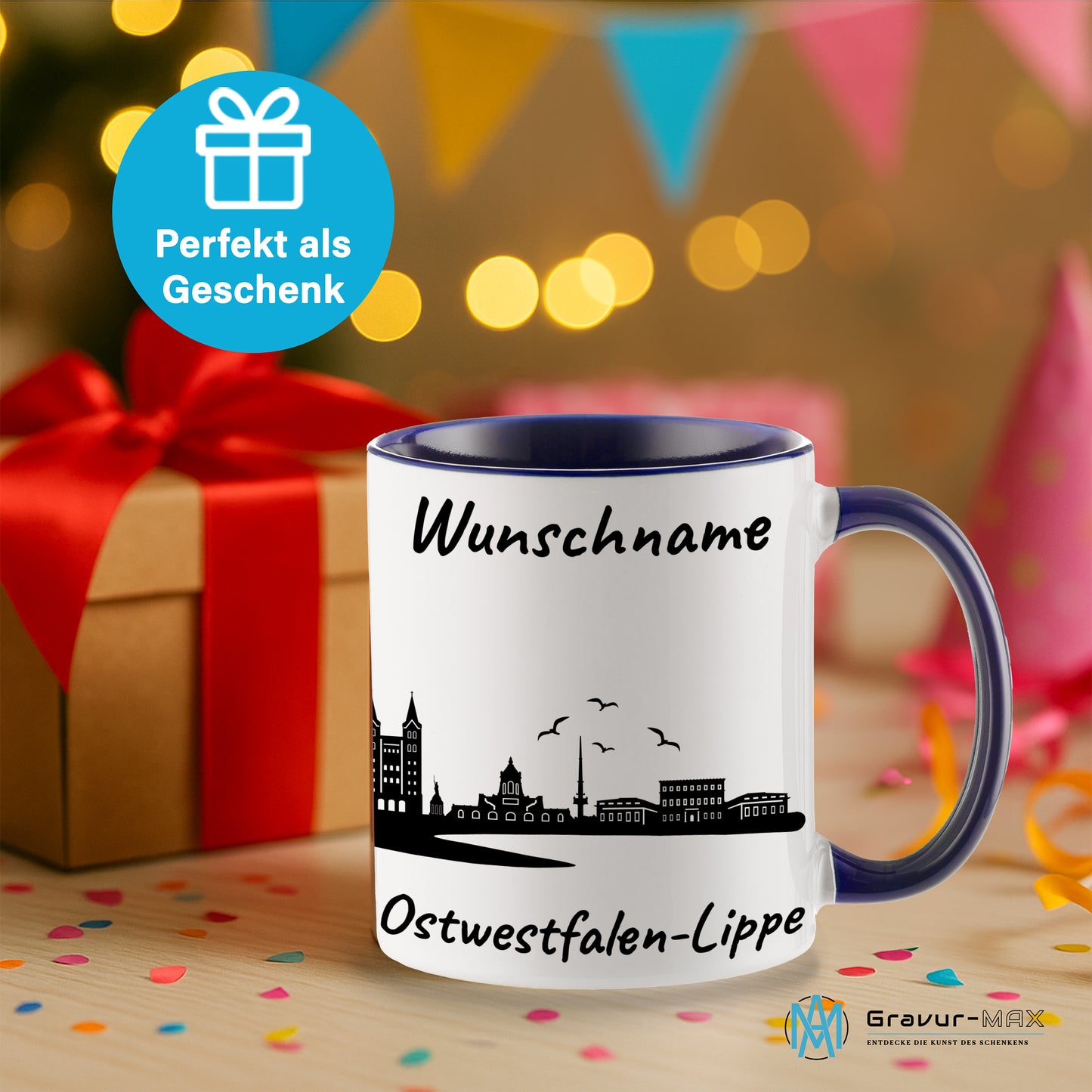 Tasse in Dunkelblau 330ml bedruckt mit der Skyline von Ostwestfalen-Lippe personalisierbar mit Wunschname