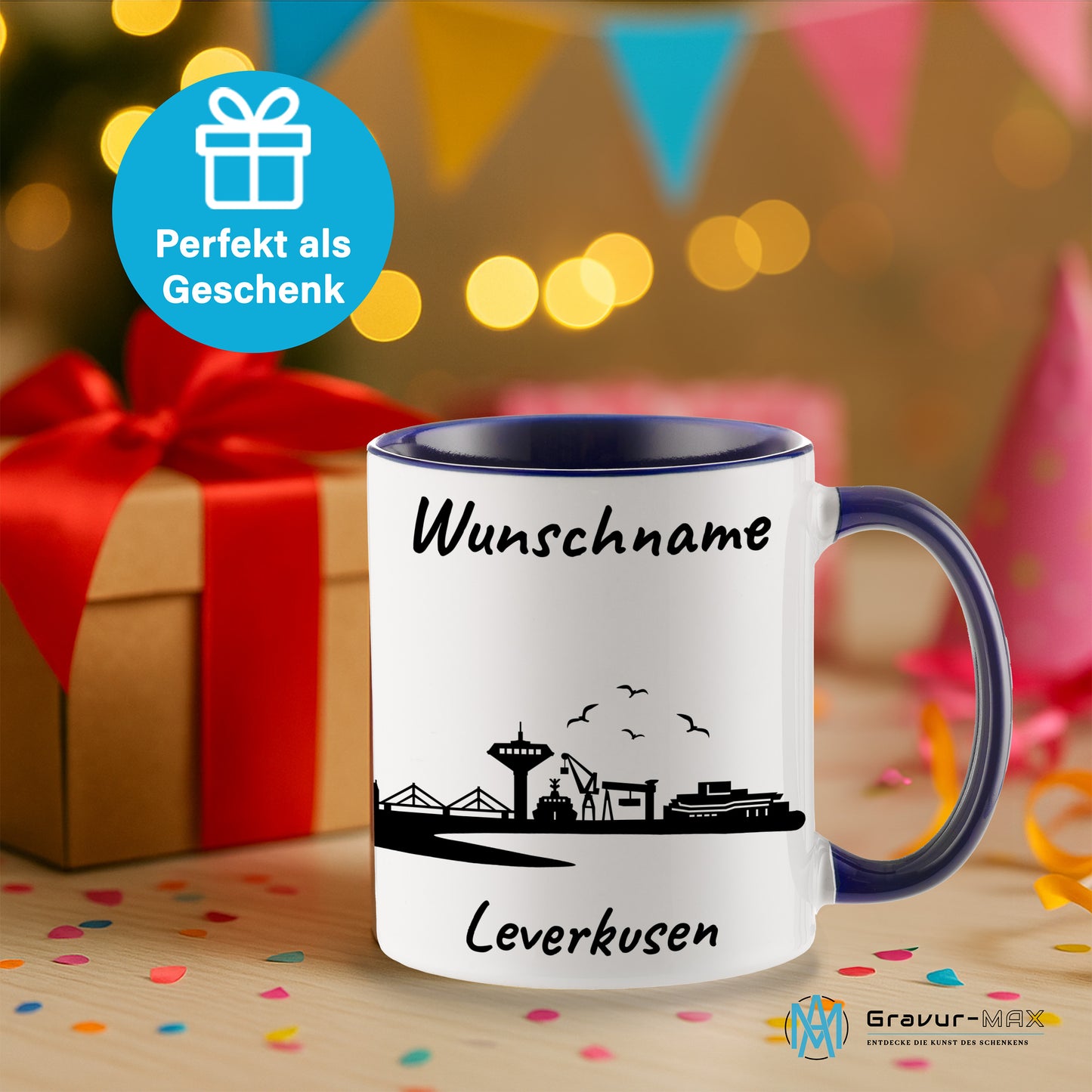 Tasse in Dunkelblau 330ml bedruckt mit der Skyline von Leverkusen personalisierbar mit Wunschname