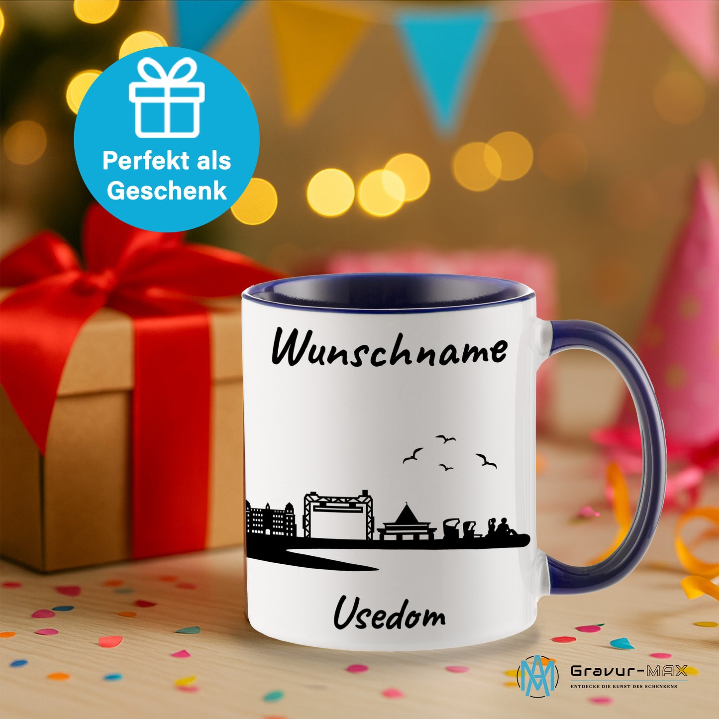 Tasse in Dunkelblau 330ml bedruckt mit der Skyline von Usedom personalisierbar mit Wunschname