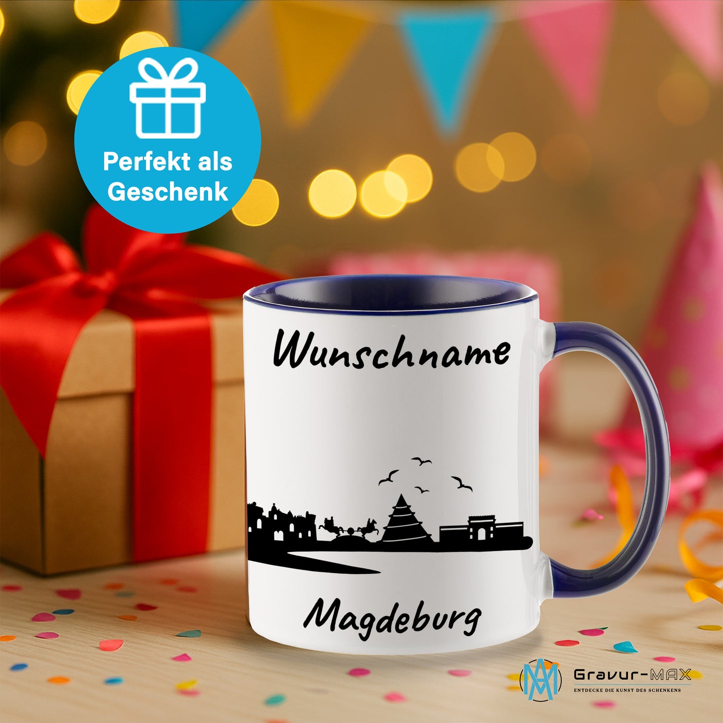 Tasse in Dunkelblau 330ml bedruckt mit der Skyline von Magdeburg personalisierbar mit Wunschname