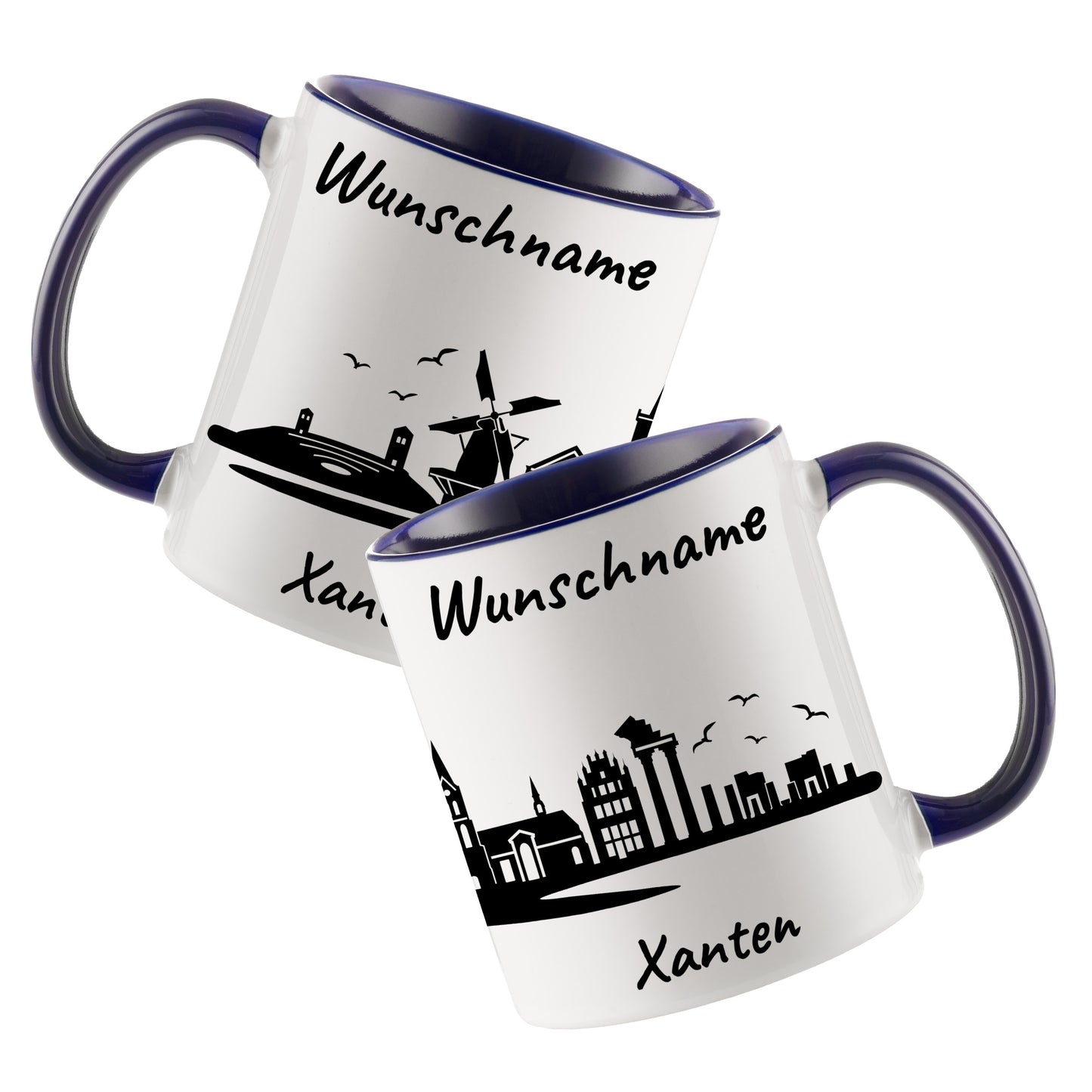 Tasse in Dunkelblau 330ml bedruckt mit der Skyline von Xanten personalisierbar mit Wunschname