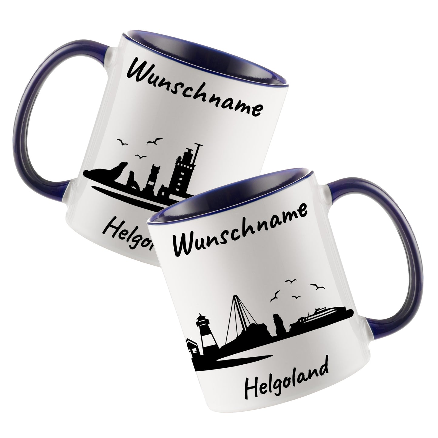 Tasse in Dunkelblau 330ml bedruckt mit der Skyline von Helgoland personalisierbar mit Wunschname