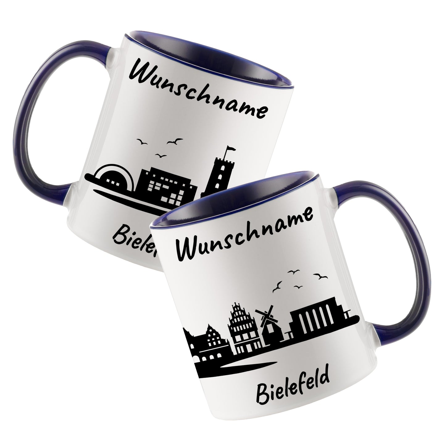 Tasse in Dunkelblau 330ml bedruckt mit der Skyline von Bielefeld personalisierbar mit Wunschname