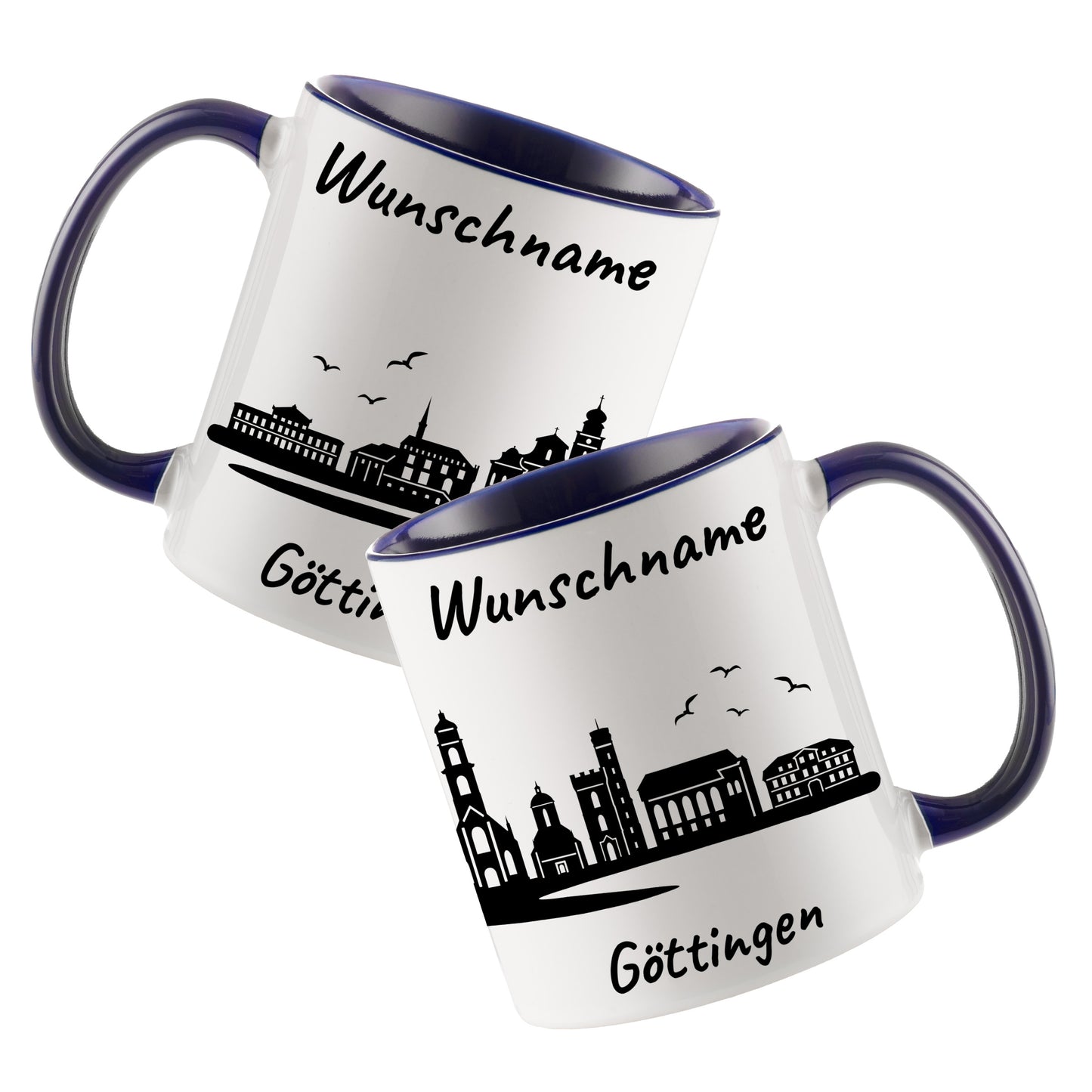Tasse in Dunkelblau 330ml bedruckt mit der Skyline von Göttingen personalisierbar mit Wunschname