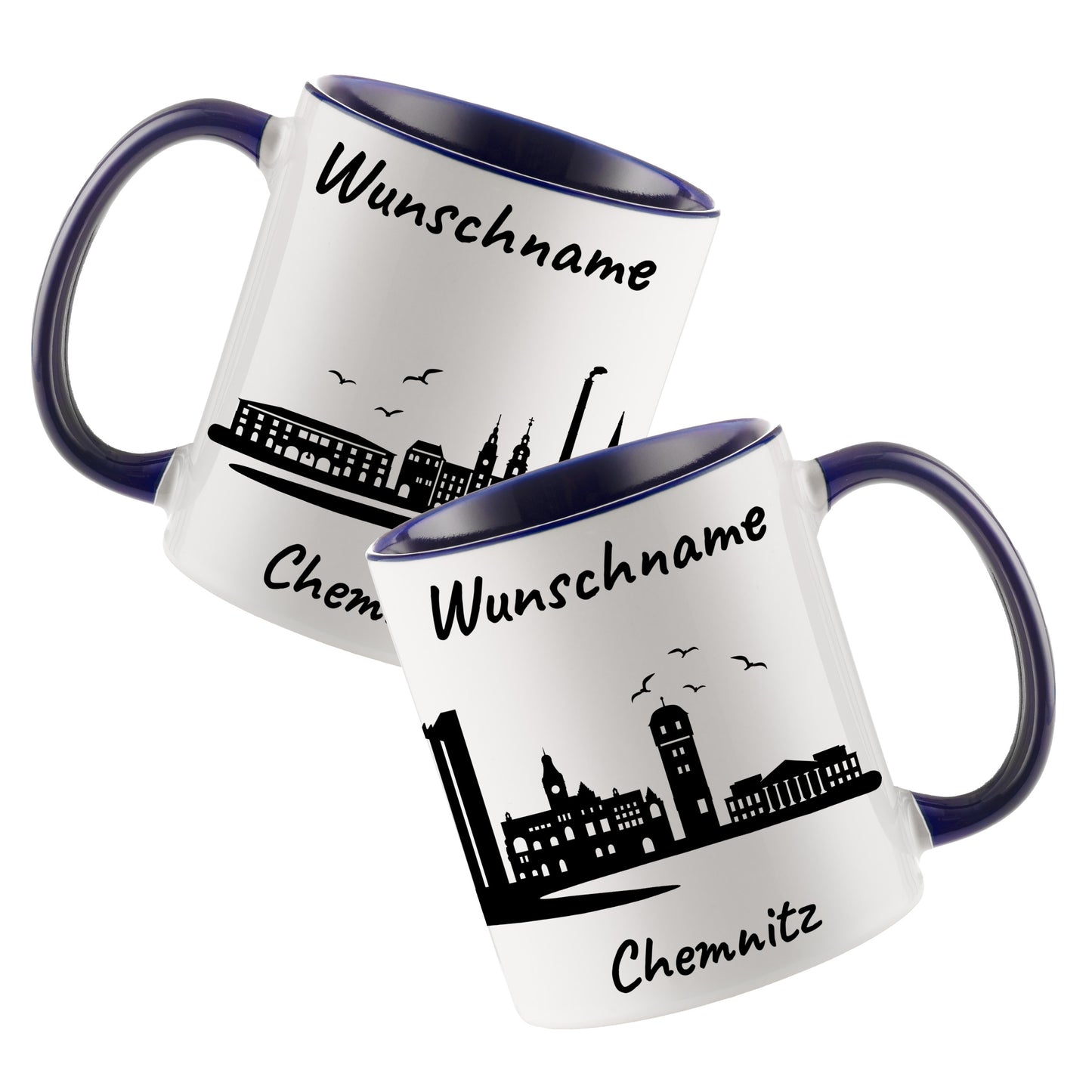Tasse in Dunkelblau 330ml bedruckt mit der Skyline von Chemnitz personalisierbar mit Wunschname