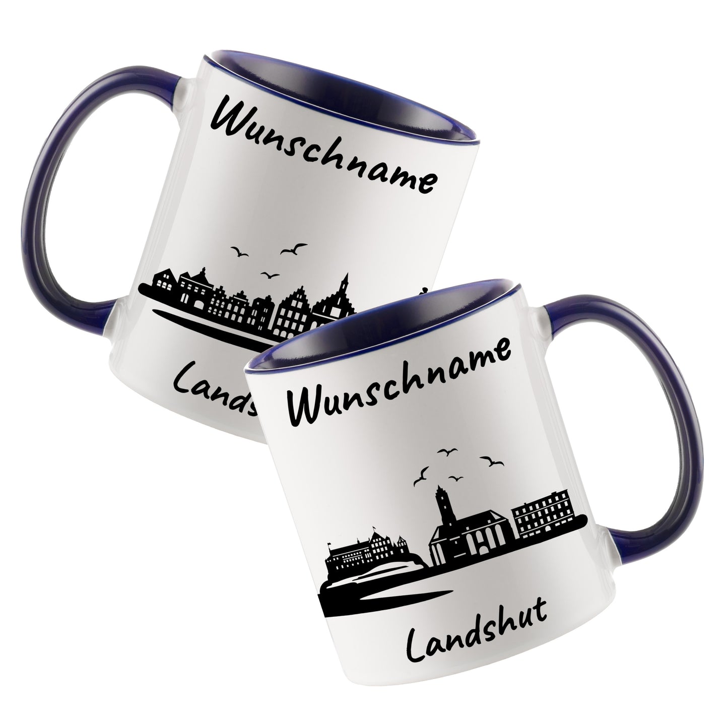 Tasse in Dunkelblau 330ml bedruckt mit der Skyline von Landshut personalisierbar mit Wunschname