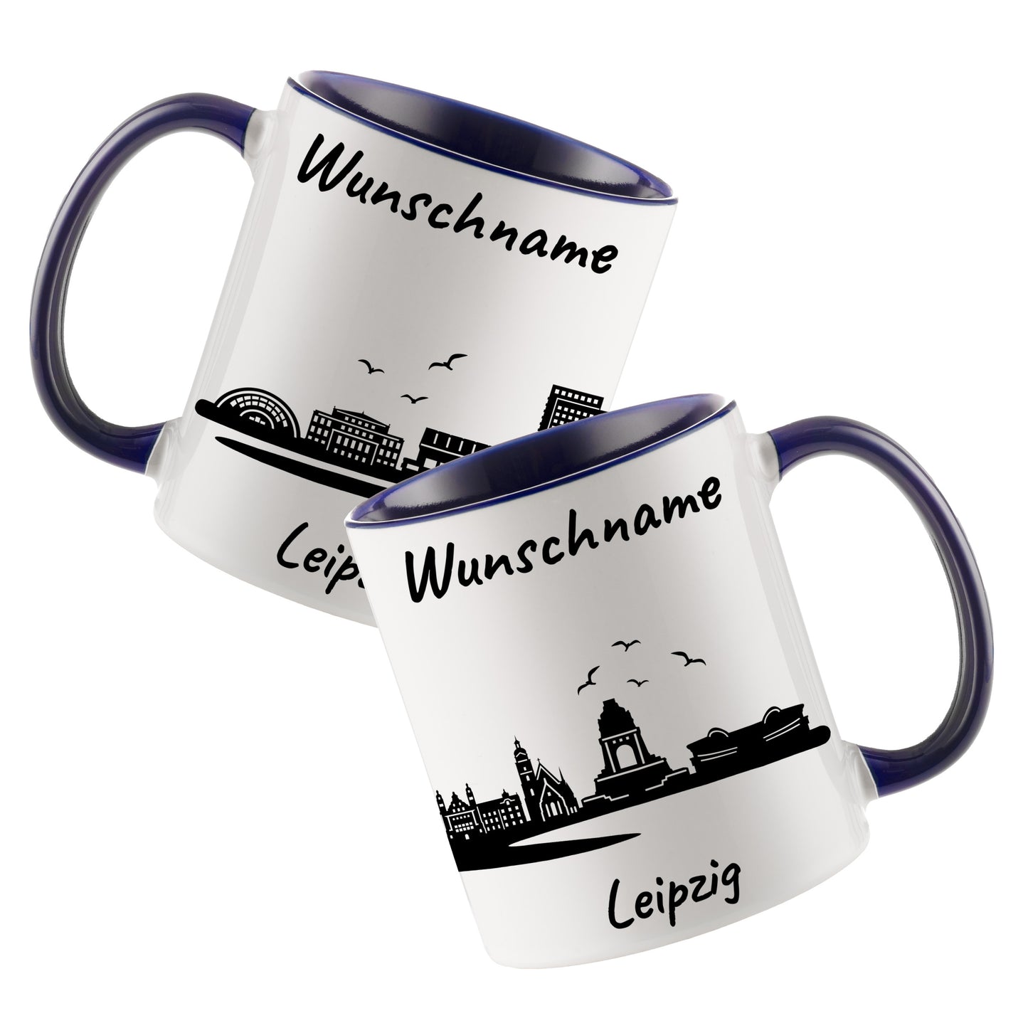 Tasse in Dunkelblau 330ml bedruckt mit der Skyline von Leipzig personalisierbar mit Wunschname