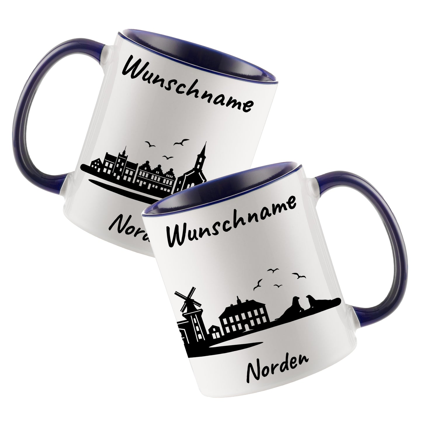Tasse in Dunkelblau 330ml bedruckt mit der Skyline von Norden personalisierbar mit Wunschname