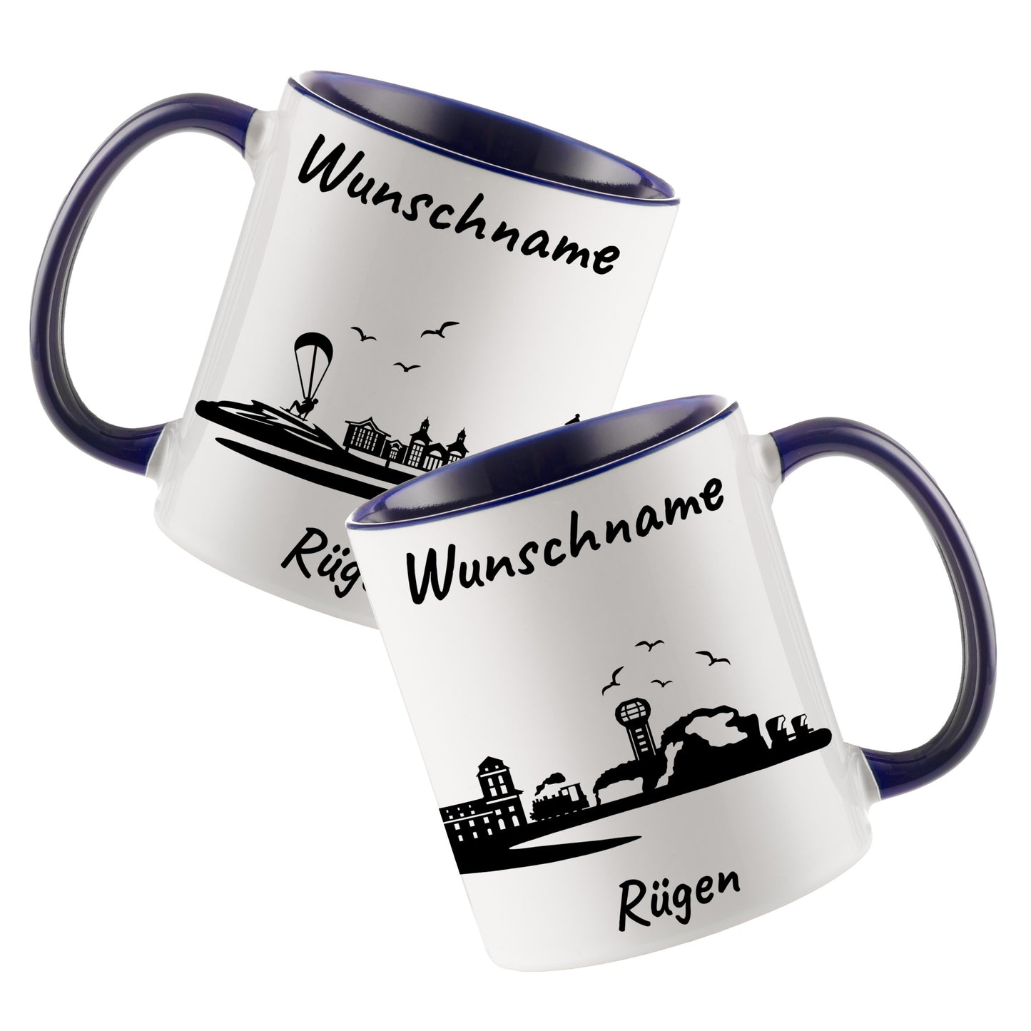 Tasse in Dunkelblau 330ml bedruckt mit der Skyline von Rügen personalisierbar mit Wunschname