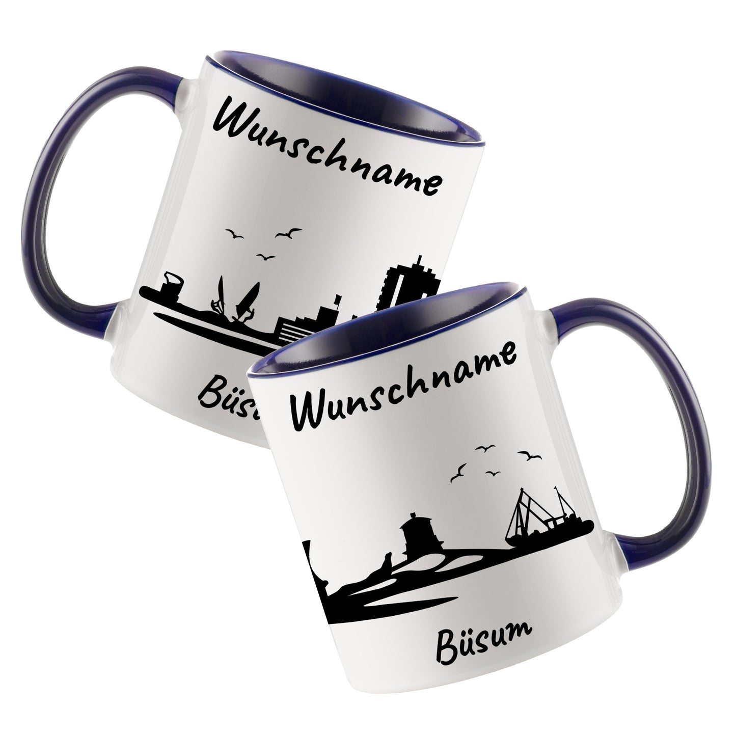Tasse in Dunkelblau 330ml bedruckt mit der Skyline von Büsum personalisierbar mit Wunschname
