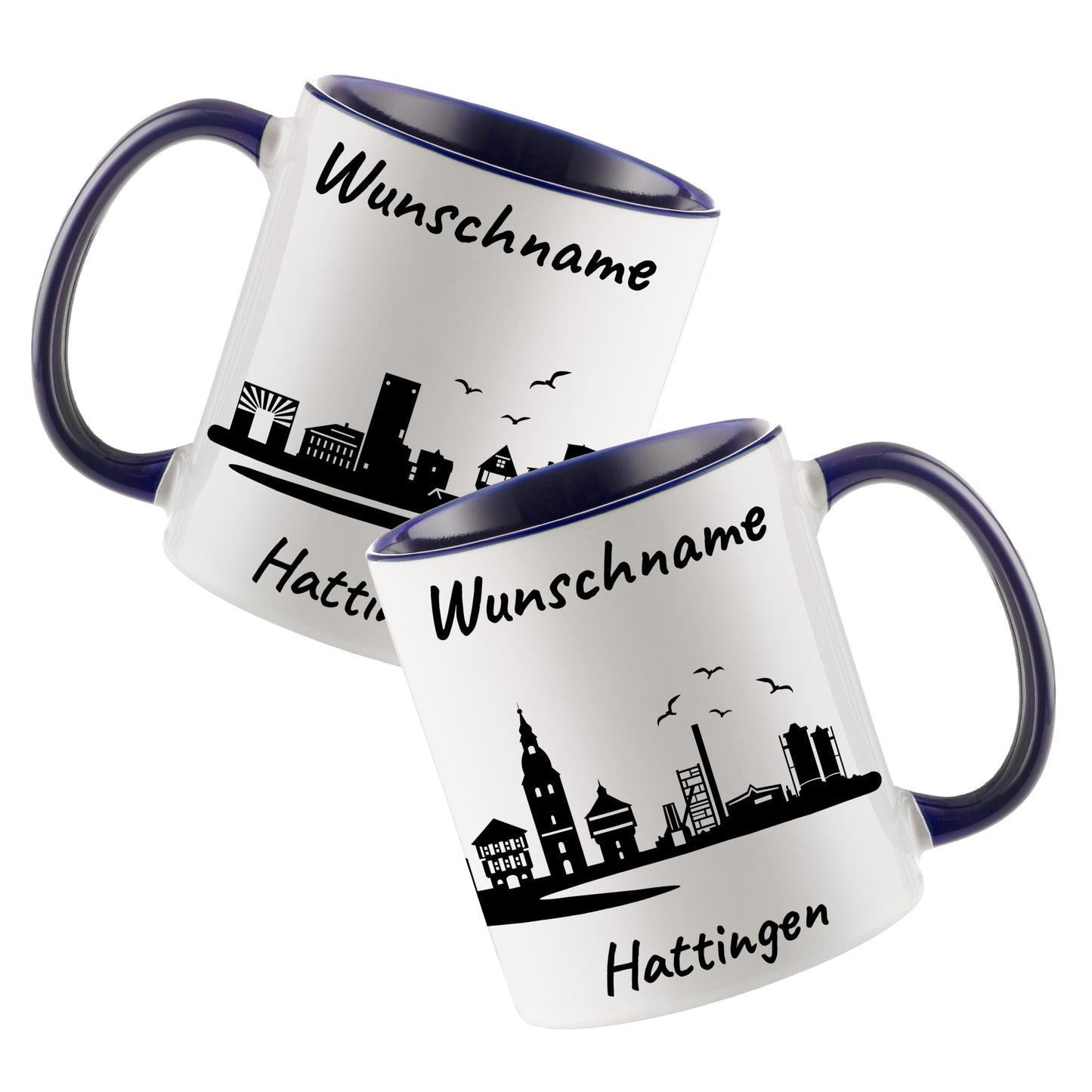 Tasse in Dunkelblau 330ml bedruckt mit der Skyline von Hattingen personalisierbar mit Wunschname