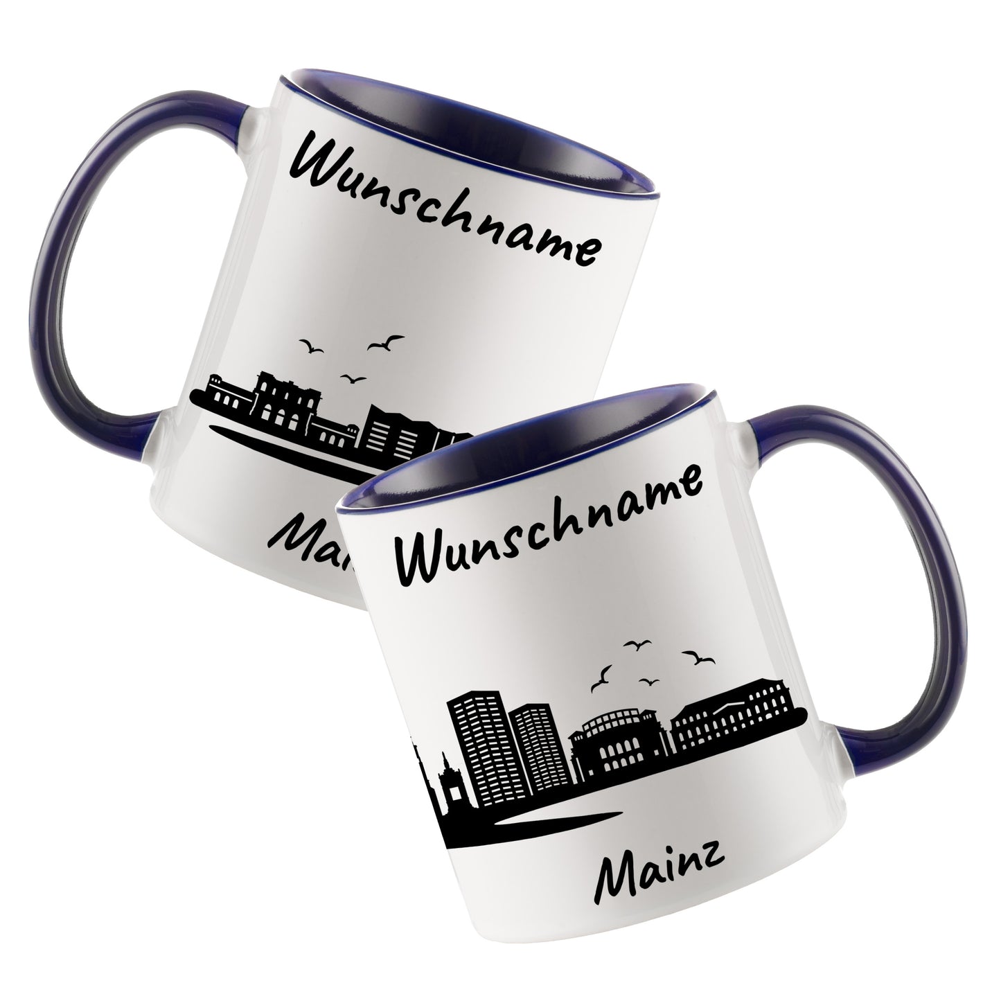 Tasse in Dunkelblau 330ml bedruckt mit der Skyline von Mainz personalisierbar mit Wunschname