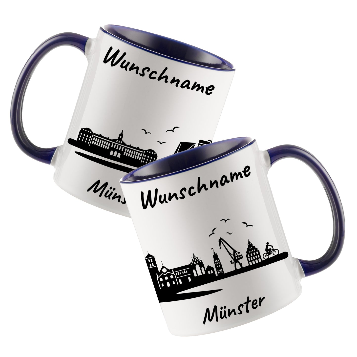 Tasse in Dunkelblau 330ml bedruckt mit der Skyline von Münster personalisierbar mit Wunschname