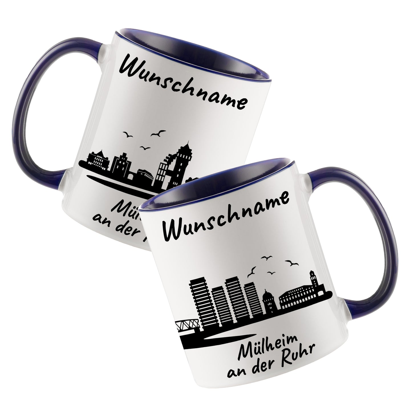 Tasse in Dunkelblau 330ml bedruckt mit der Skyline von Mülheim an der Ruhr personalisierbar mit Wunschname
