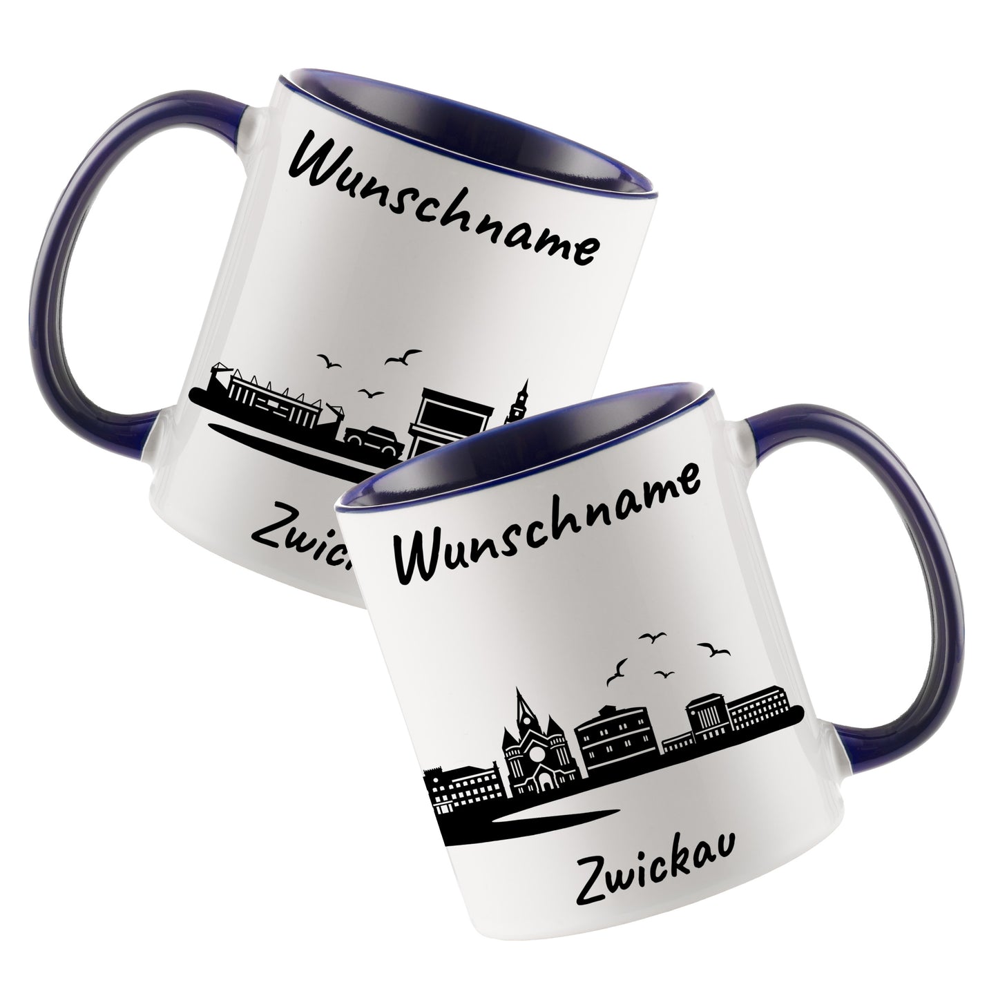 Tasse in Dunkelblau 330ml bedruckt mit der Skyline von Zwickau personalisierbar mit Wunschname