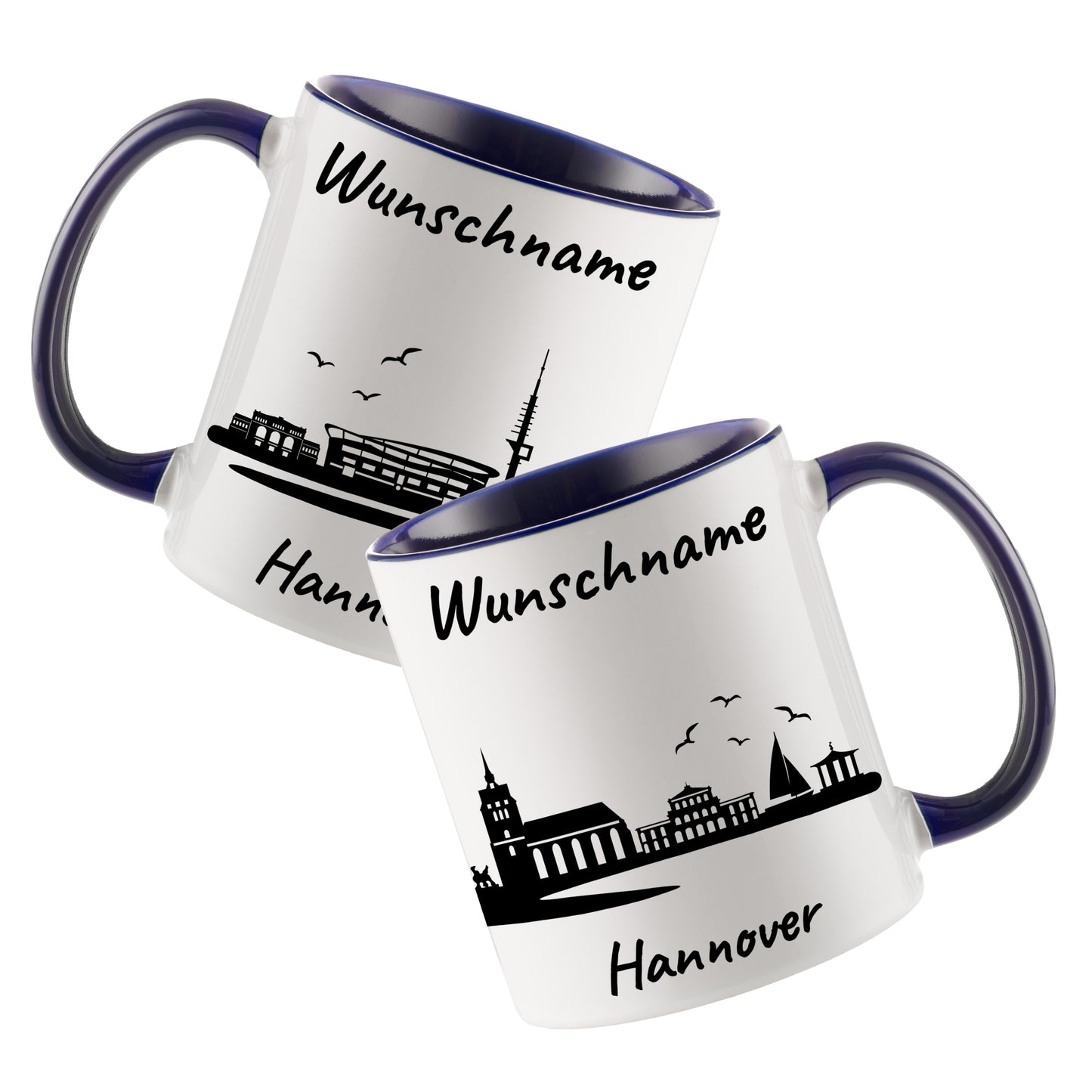 Tasse in Dunkelblau 330ml bedruckt mit der Skyline von Hannover personalisierbar mit Wunschname