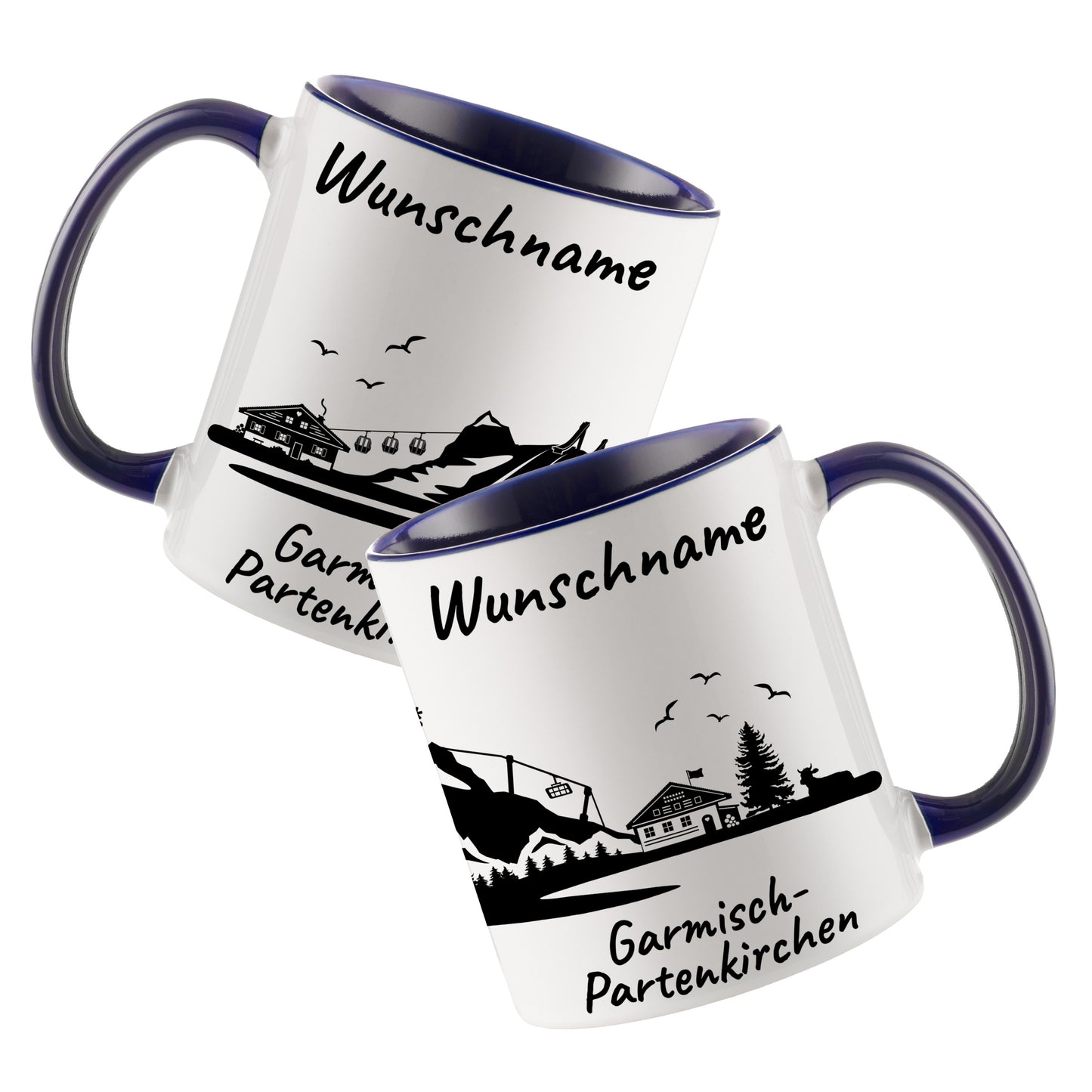 Tasse in Dunkelblau 330ml bedruckt mit der Skyline von Garmisch-Partenkirchen personalisierbar mit Wunschname