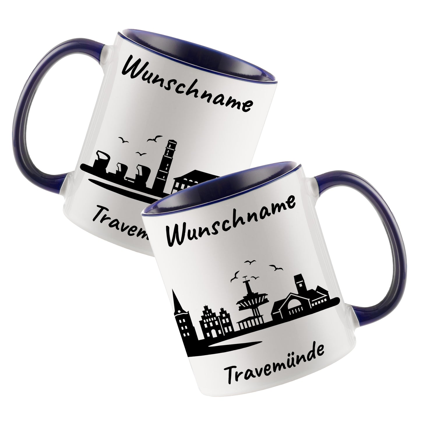 Tasse in Dunkelblau 330ml bedruckt mit der Skyline von Travemünde personalisierbar mit Wunschname